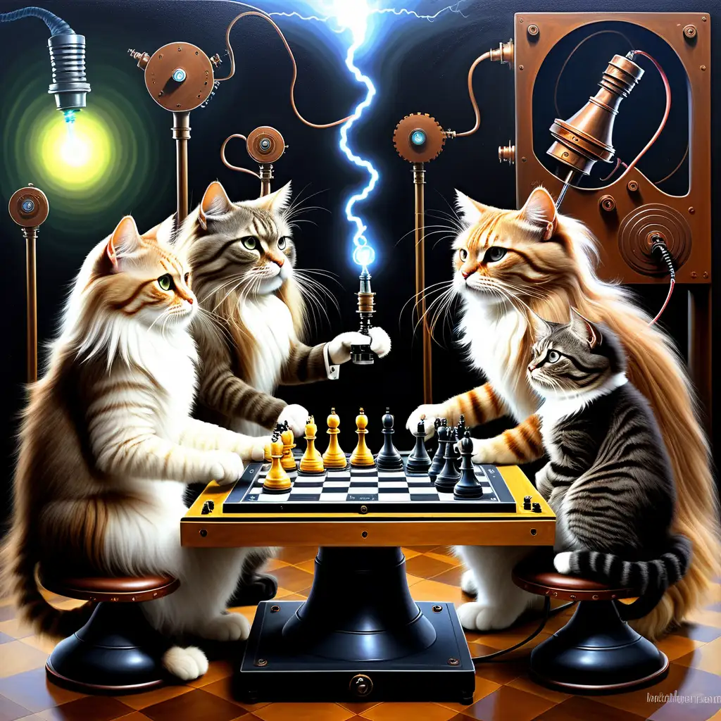surrealistic painting of exactly 4 longhaired steampunk cats playing chess in an electric labo with a tesla coil.