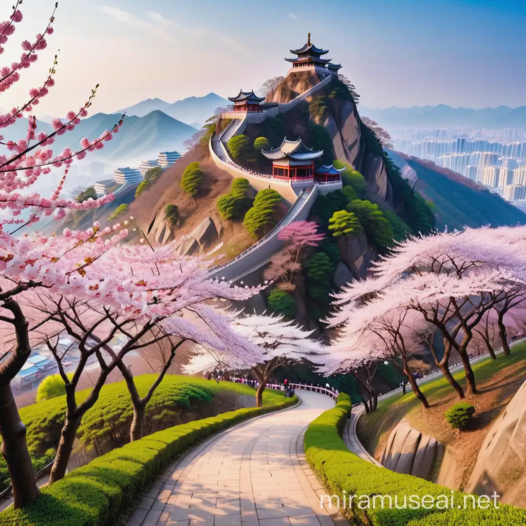 Scenic View of Mount Cao Adorned with Flourishing Cherry Blossoms