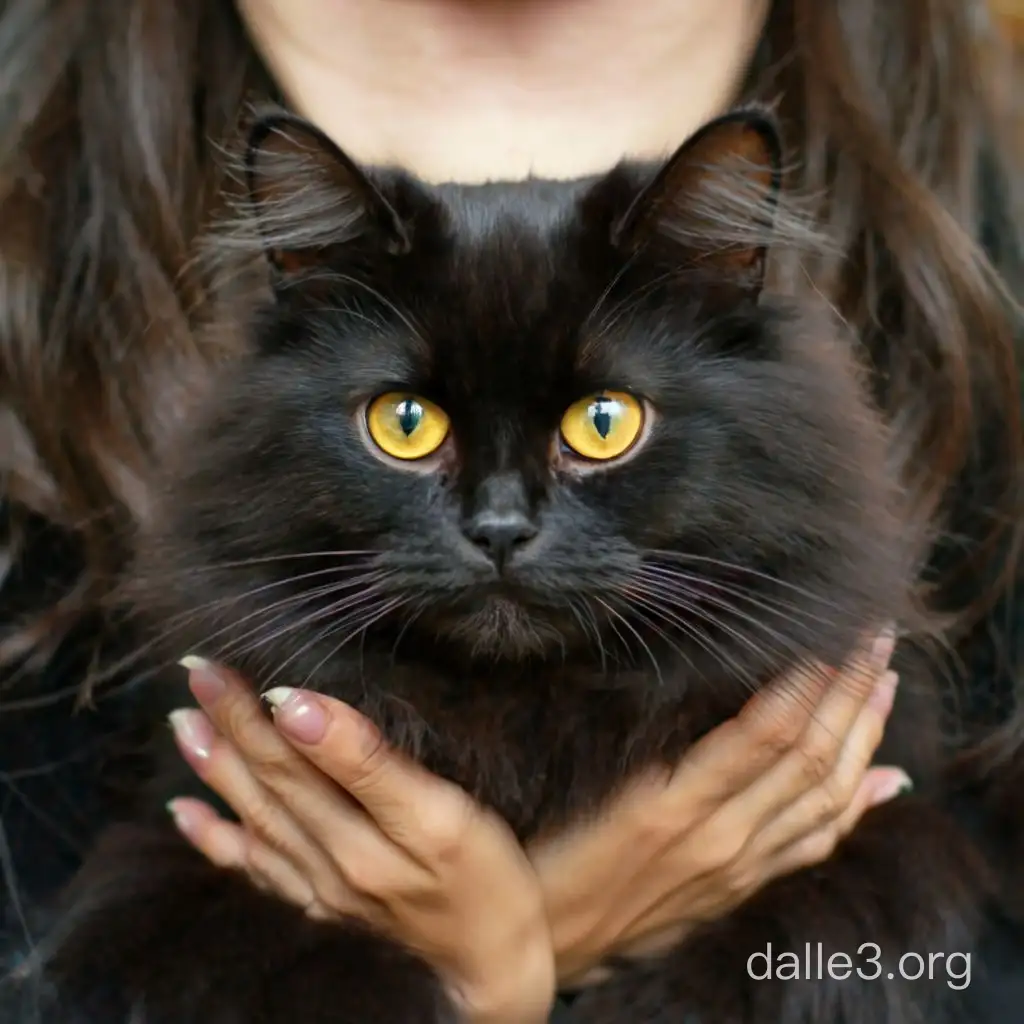 фотография в рекламном стиле, черный пушистый кот с желтыми глазами сидит на руках у женщины шатенки с длинными  волосами и зелеными глазами, выразительный взгляд, супердетализированное, реалистичное детальное фото 128к