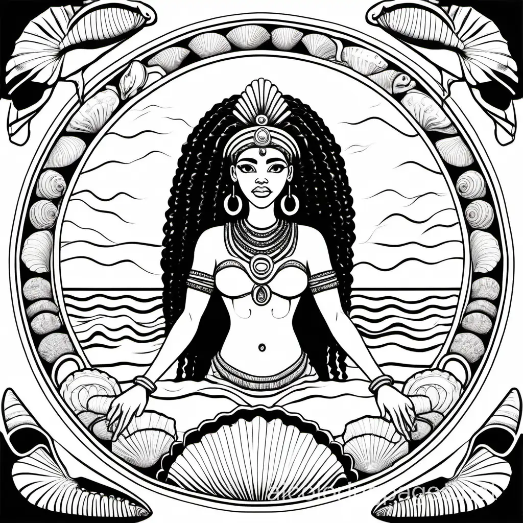Coloring page of Yemaya, an African Goddess of the sea surrounded by big sea shells., Coloring Page, black and white, line art, white background, Simplicity, Ample White Space. The background of the coloring page is plain white to make it easy for young children to color within the lines. The outlines of all the subjects are easy to distinguish, making it simple for kids to color without too much difficulty