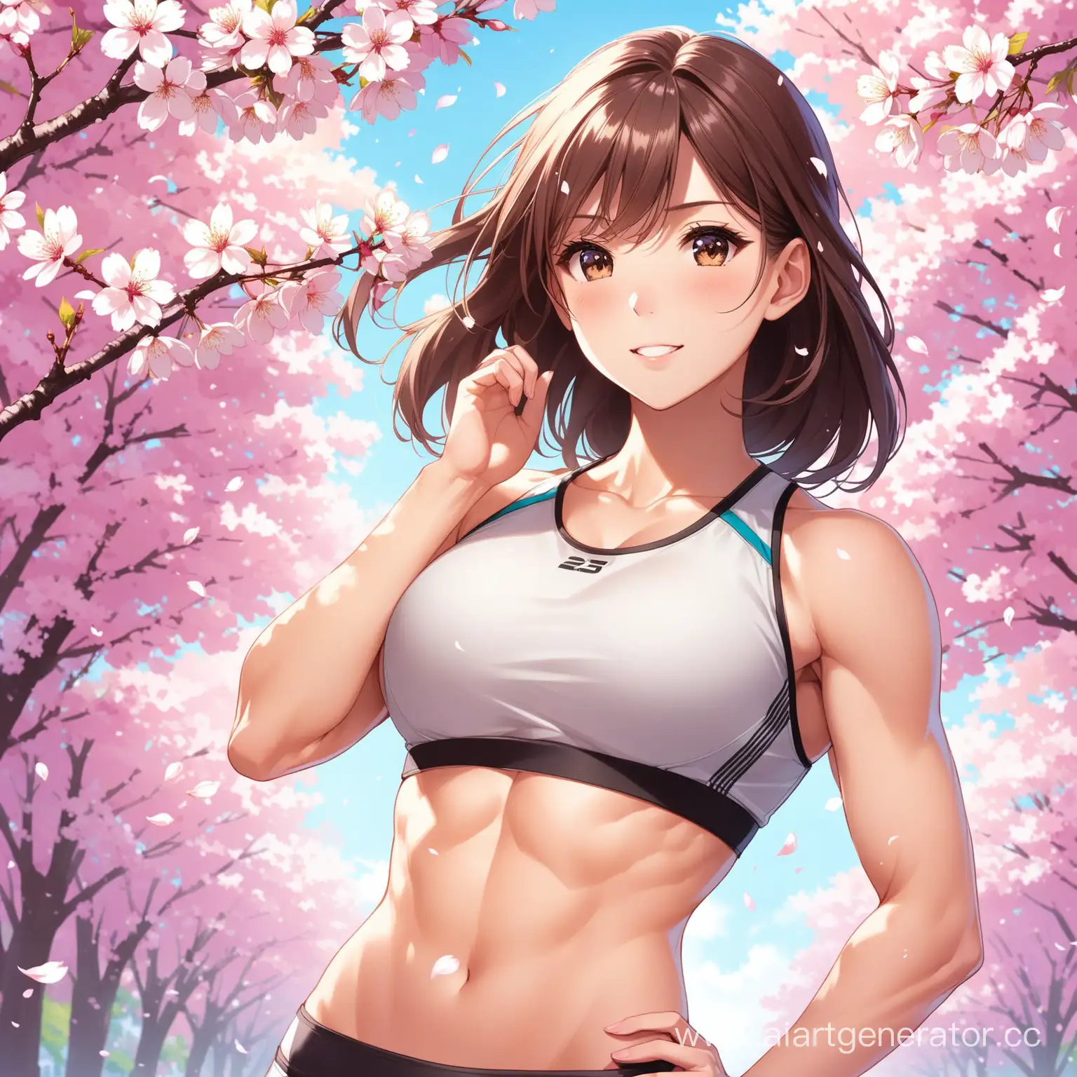 девушка спортивного телосложения на фоне сакуры