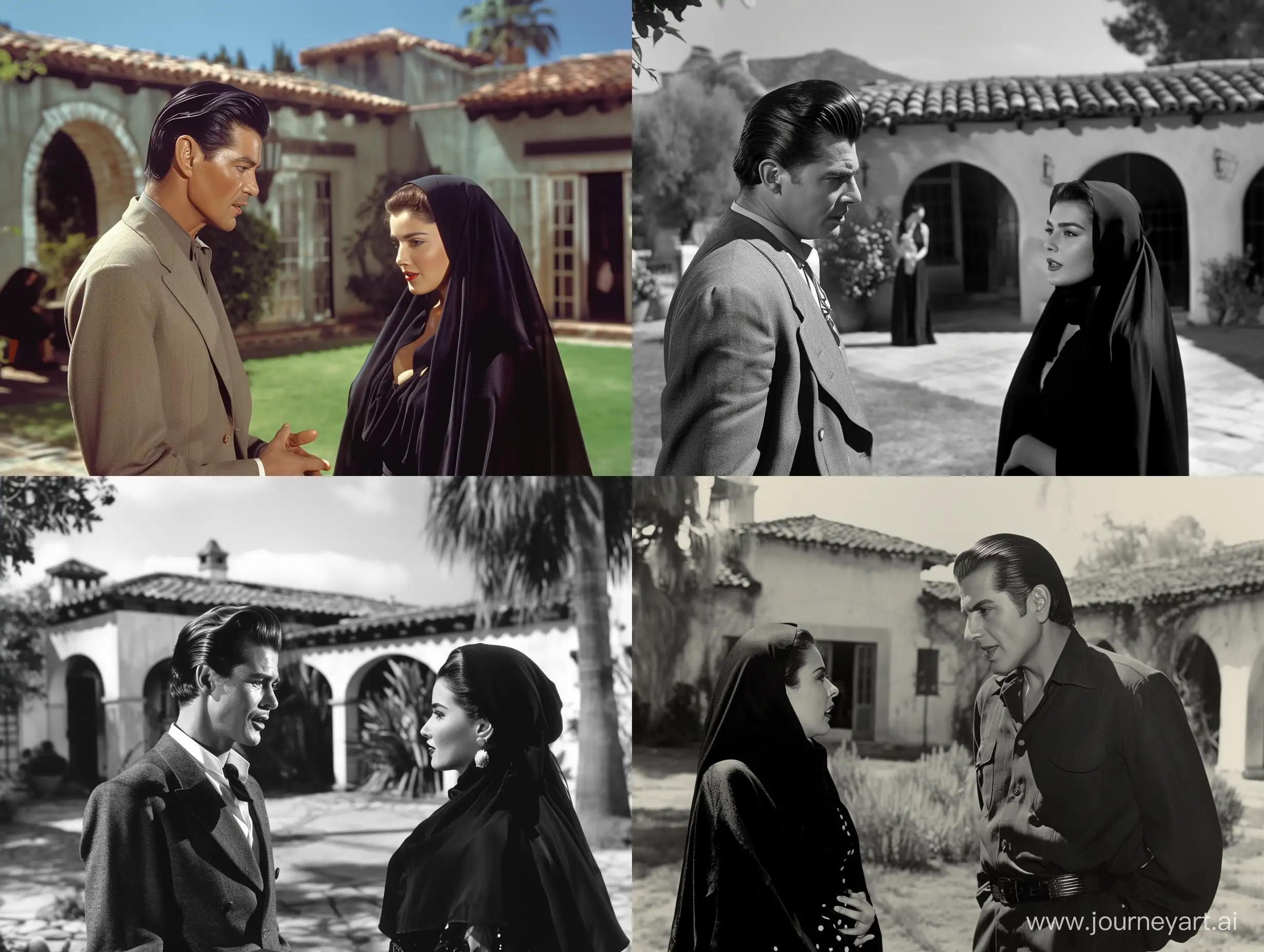 Classic-1940s-Hollywood-Actor-in-Romantic-Conversation-at-SpanishStyle-Hacienda