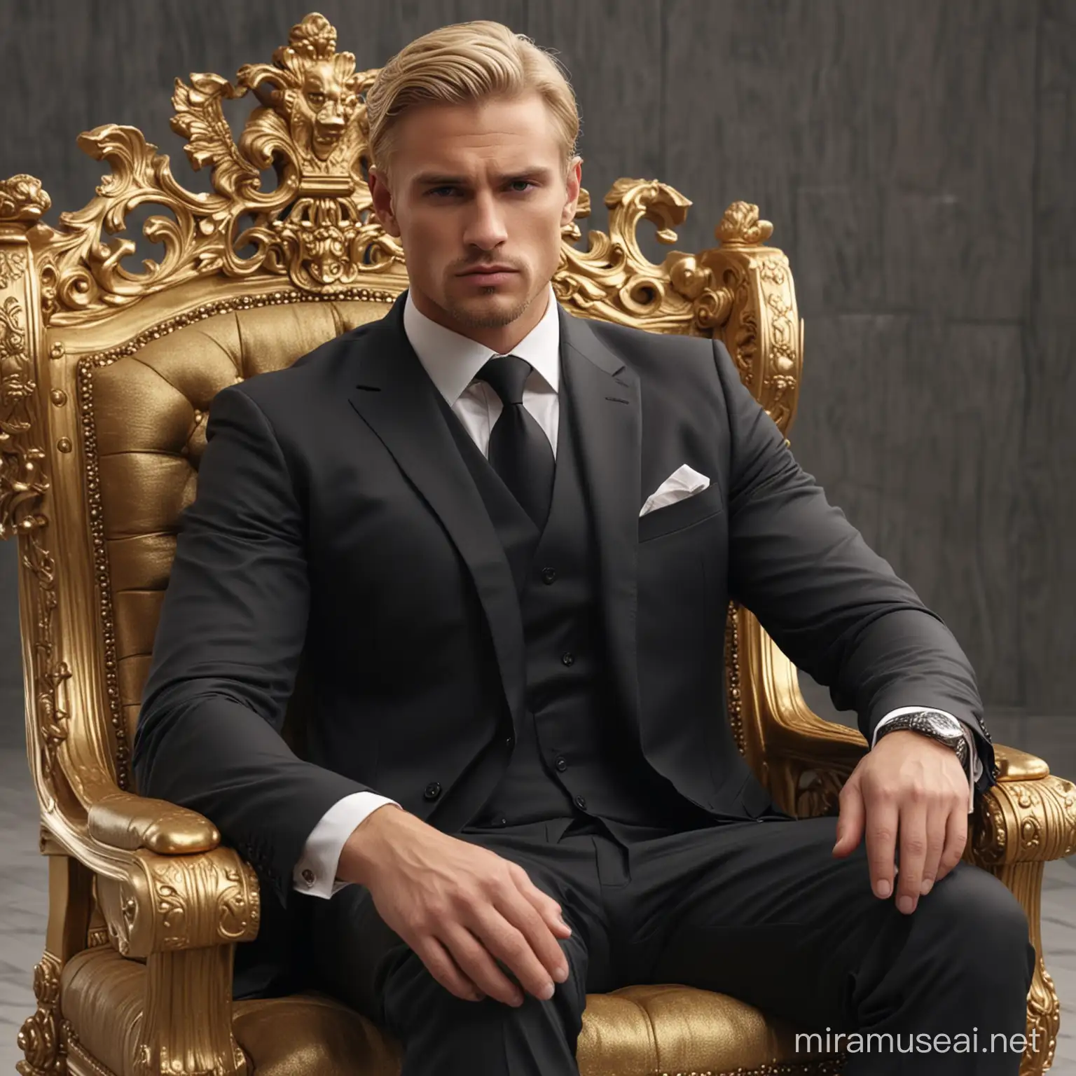 Красивый блондин брутальный мужчина в костюме. Он сидит на троне. Золото. Четкие контуры. кабинет, сидеть. Высокое качество, 8K Ultra HD, Любовь, Высокое качество, Высокая детализация, 8K Ultra HD