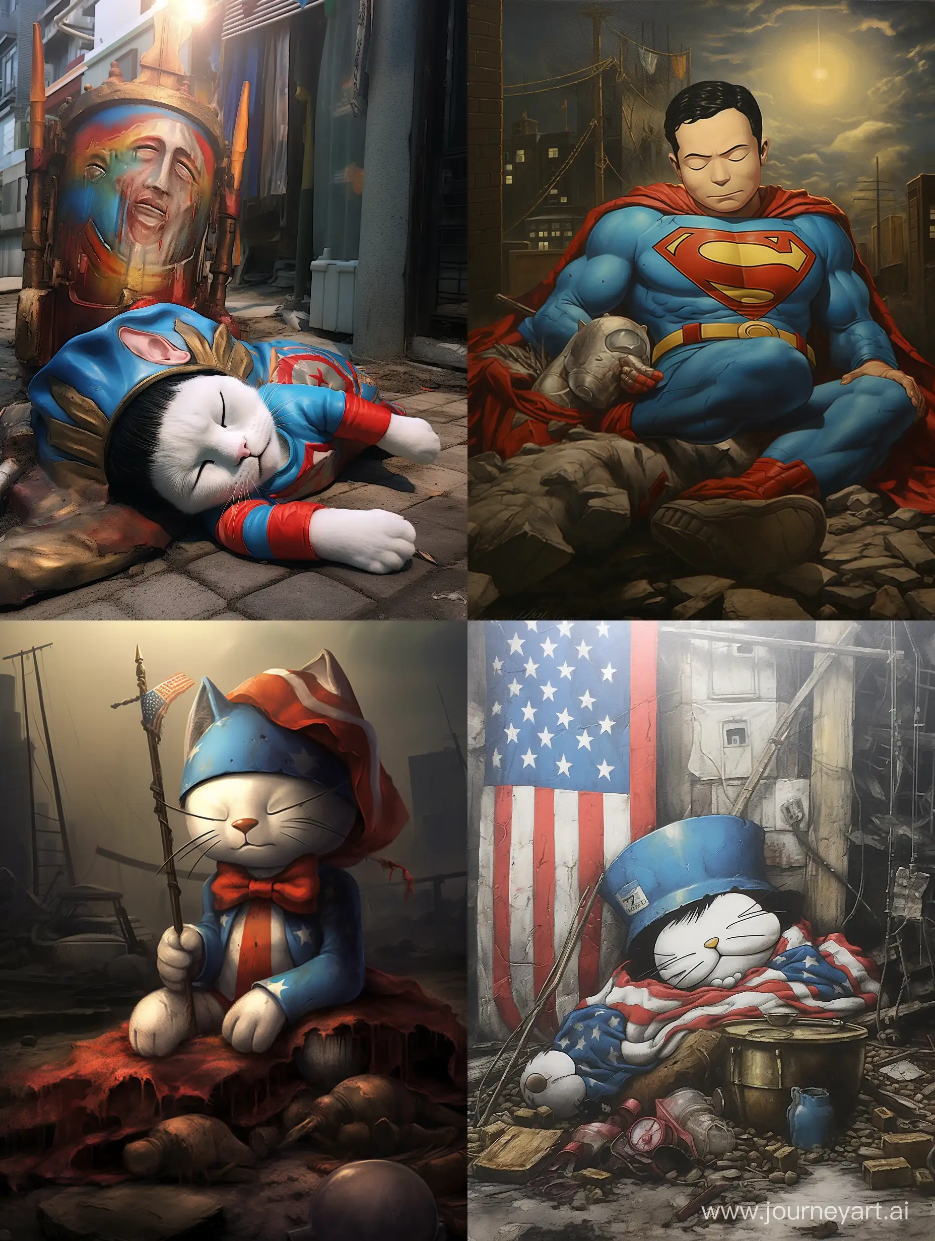 Doraemon sleeps on the street with the Statue of Liberty
