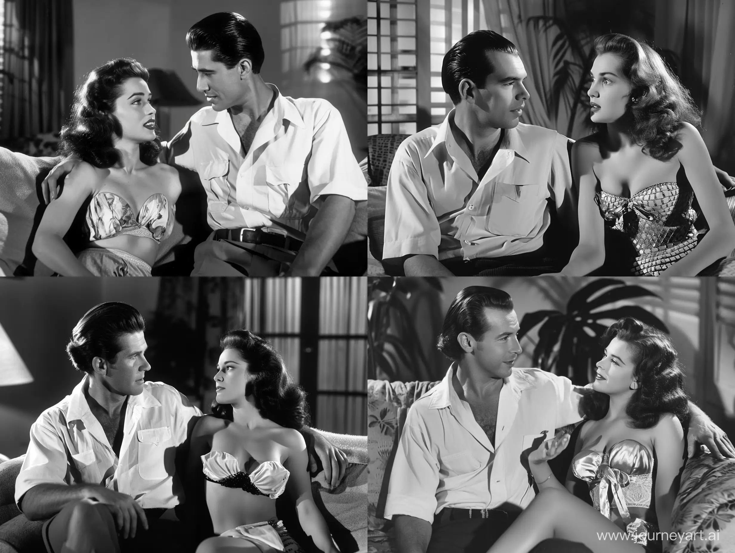 Film noir shot or a vintage 1940s movie star man with handsome face wearing a white shirt, talking with with a pretty 1940s female fatale woman wearing vintage 1940s lingerie, both sitting on a couch, cozy 1940s Buenos Aires apartmemt interior--ar 3:4