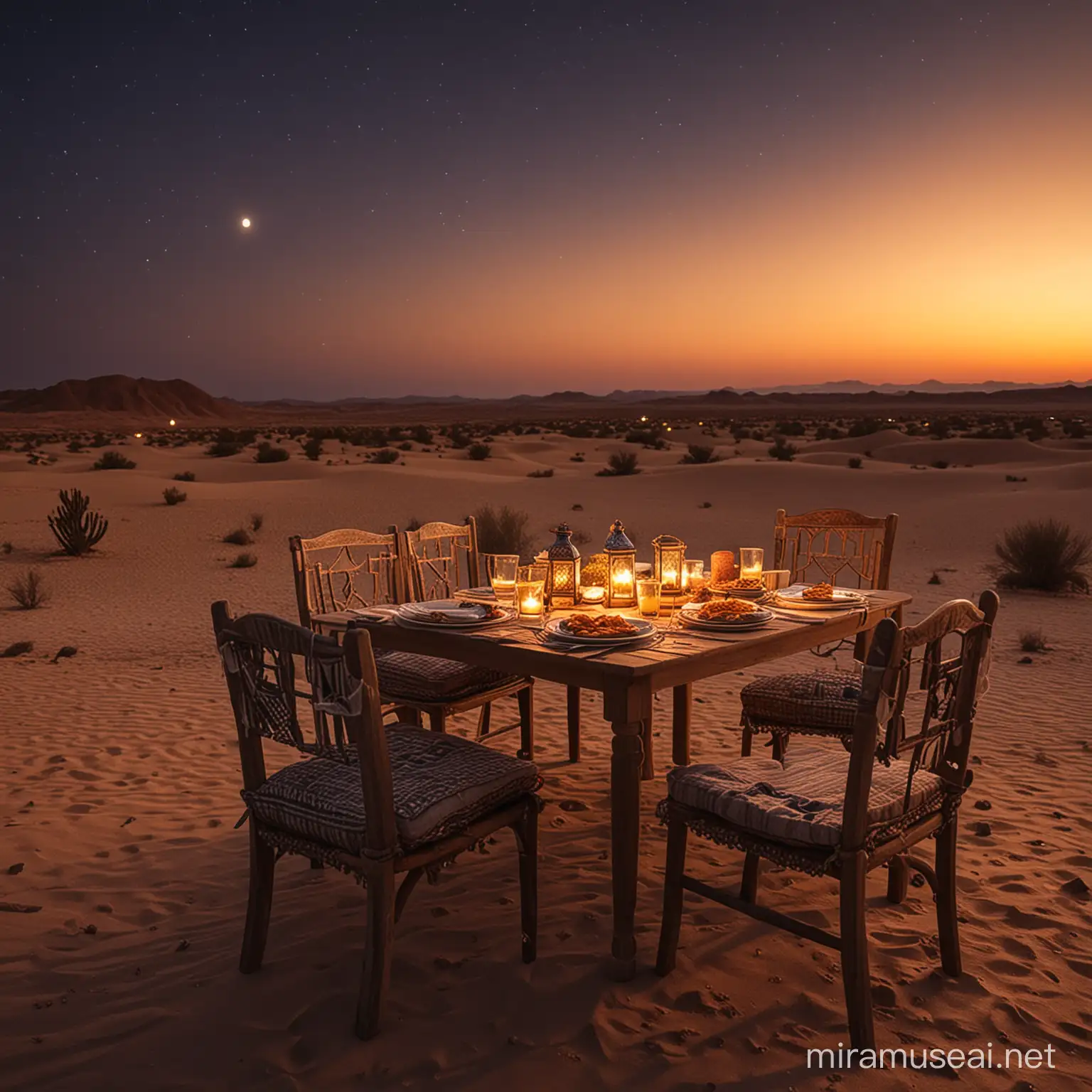 time of night, a desert, the desert have table and chairs, the table have iftar foods, thhe whole places decorated with light works