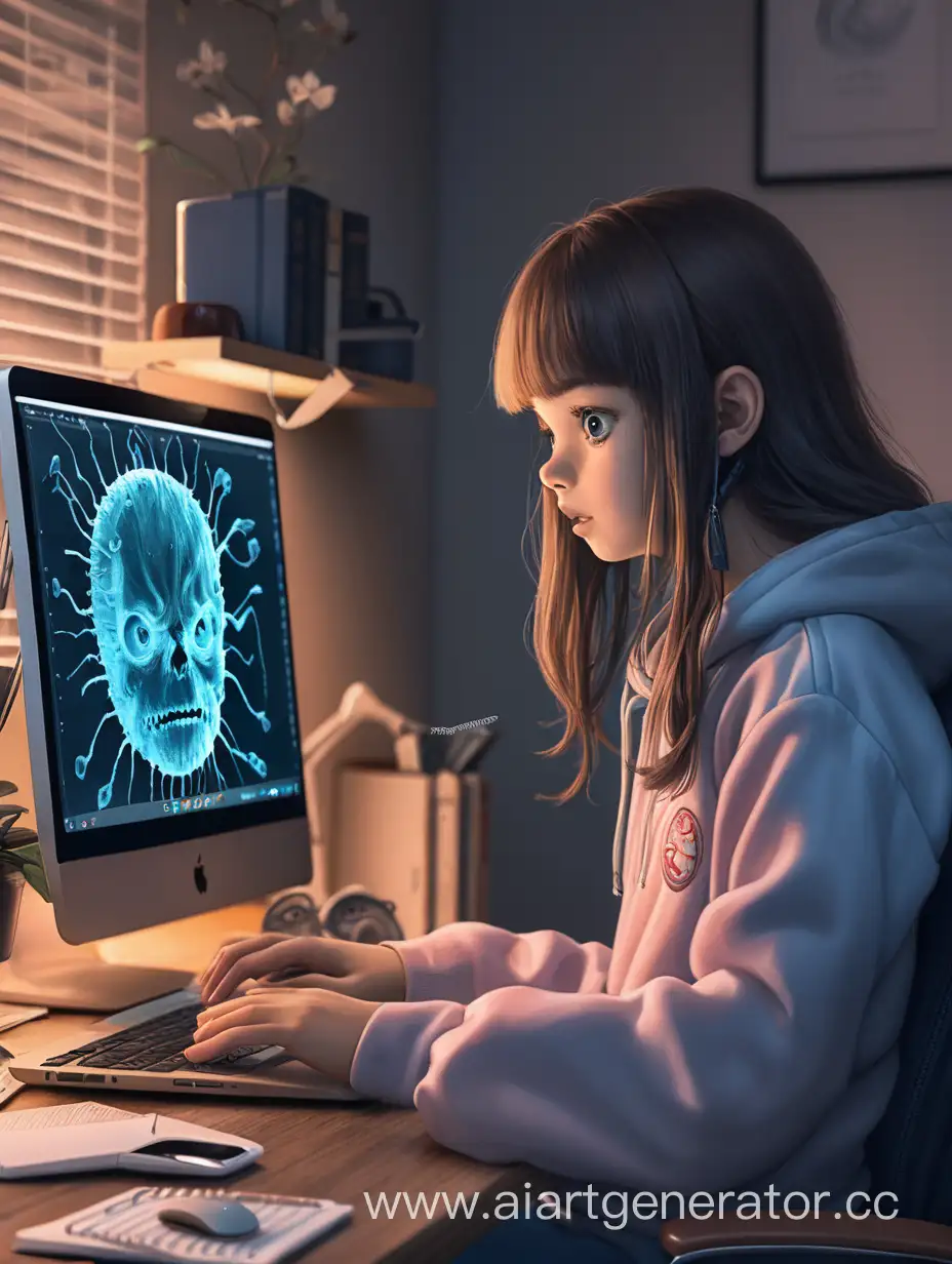 девушка сидит за компьютером, фото 16:9, на экране ноутбука у неё выскочил вирус
