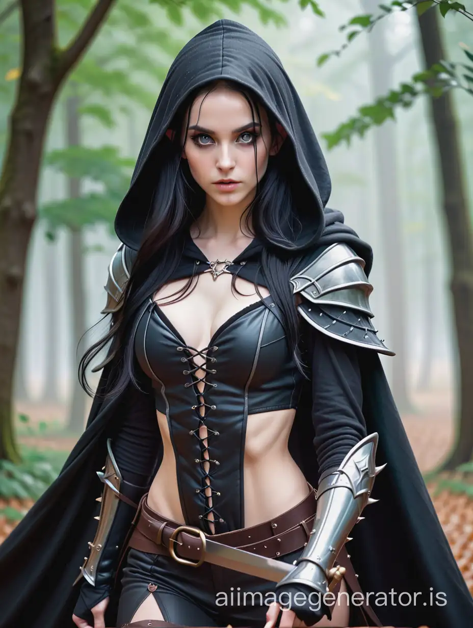 very Young skinny sexy female elf.  very long black hair and running dark eye makeup. wearing a black hooded cloak and studded leather armor. holding a very short sword