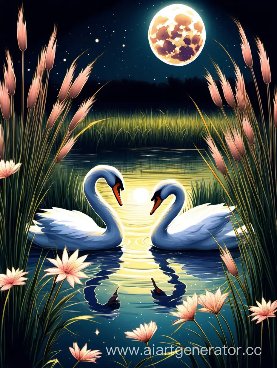 a swan on a lake tries to go to sleep between the reeds, the big round moon is rising and the flowers are closing their petals. 
