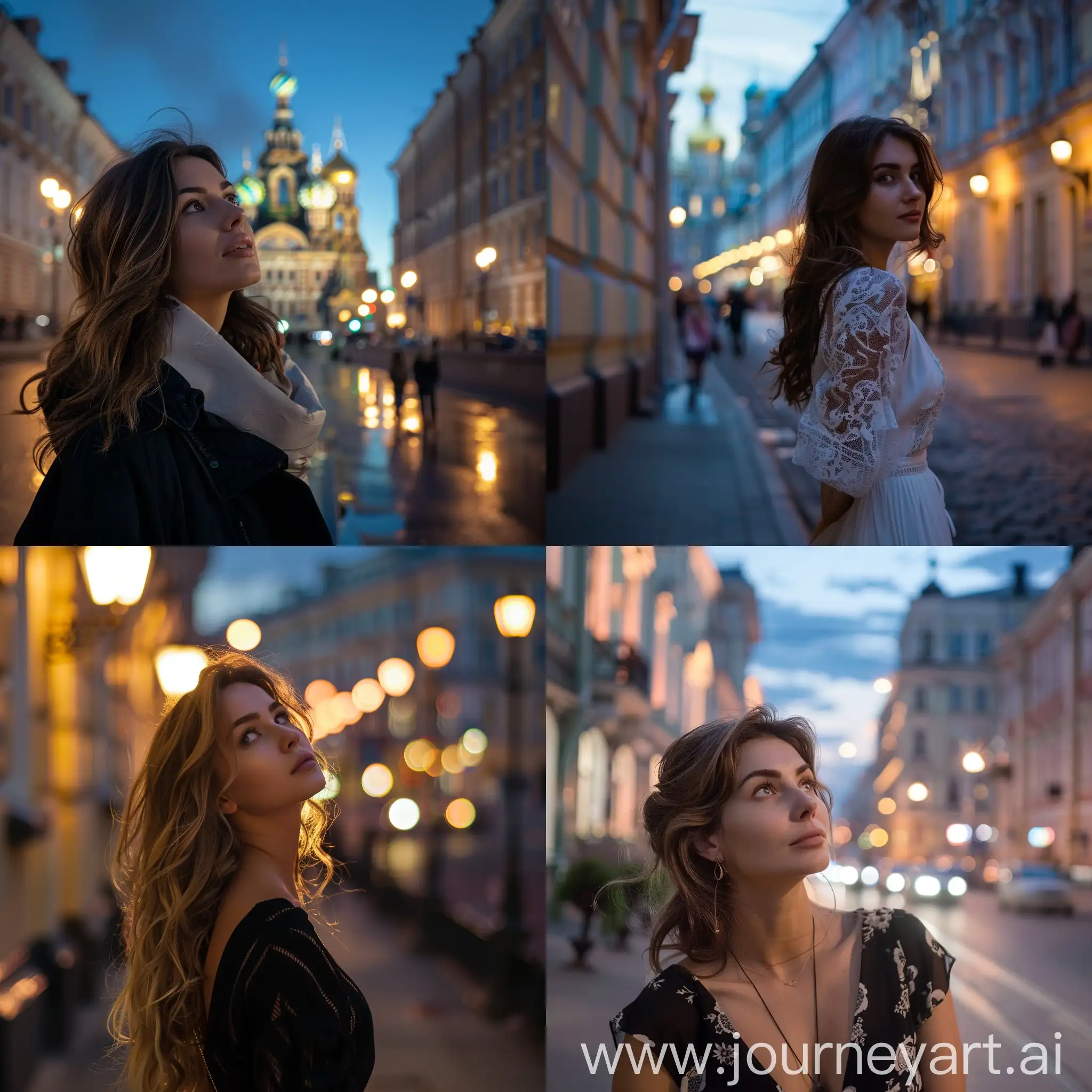 Красивая женщина на улице старого Петербурга вечером.