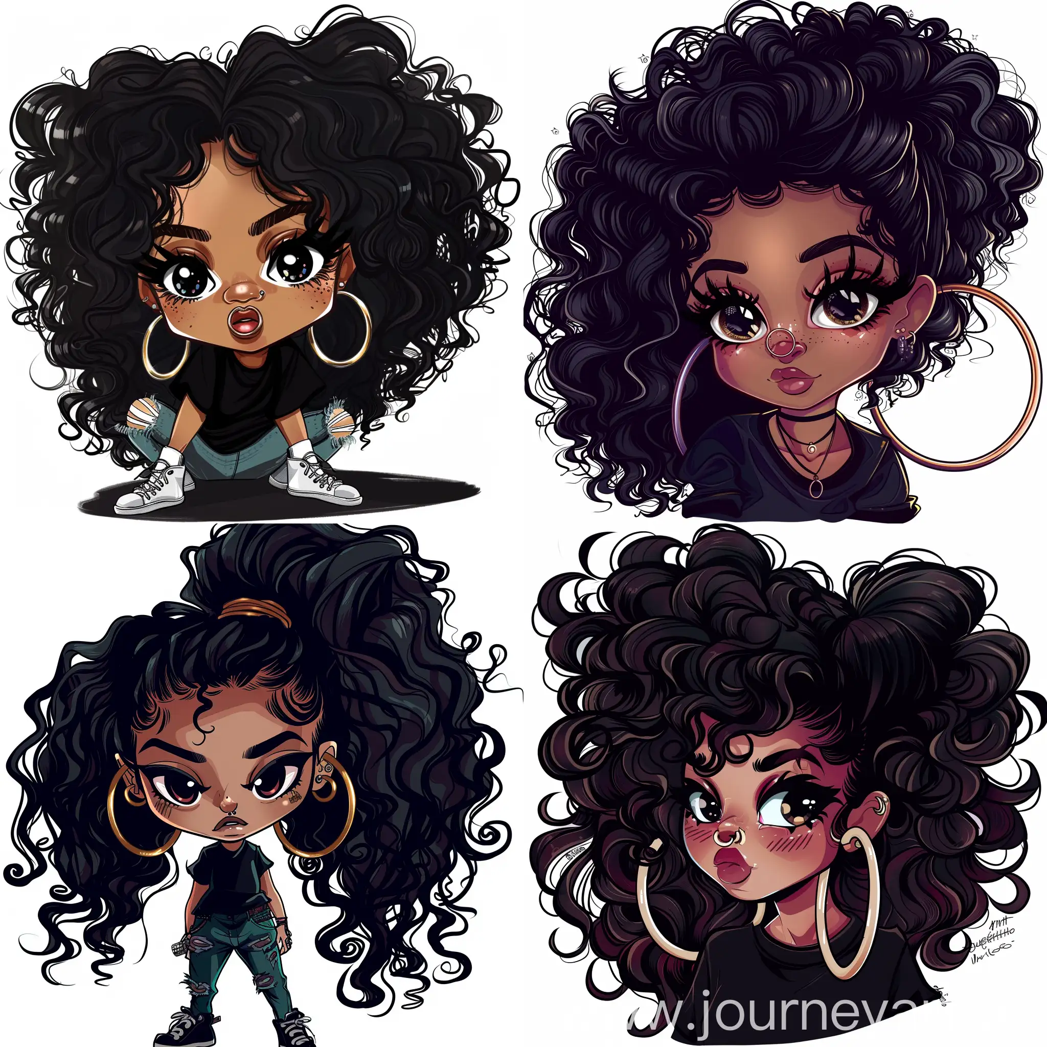 black ebony chibi boho with arfo hair curly with large hoop airings on nose prised llustration of a black girl super hero long hair stickerute black girl with l arfo hair illustration