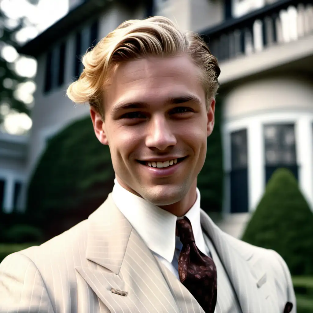 1920s Handsome American Playboy Smiling in Front of Westchester Mansion