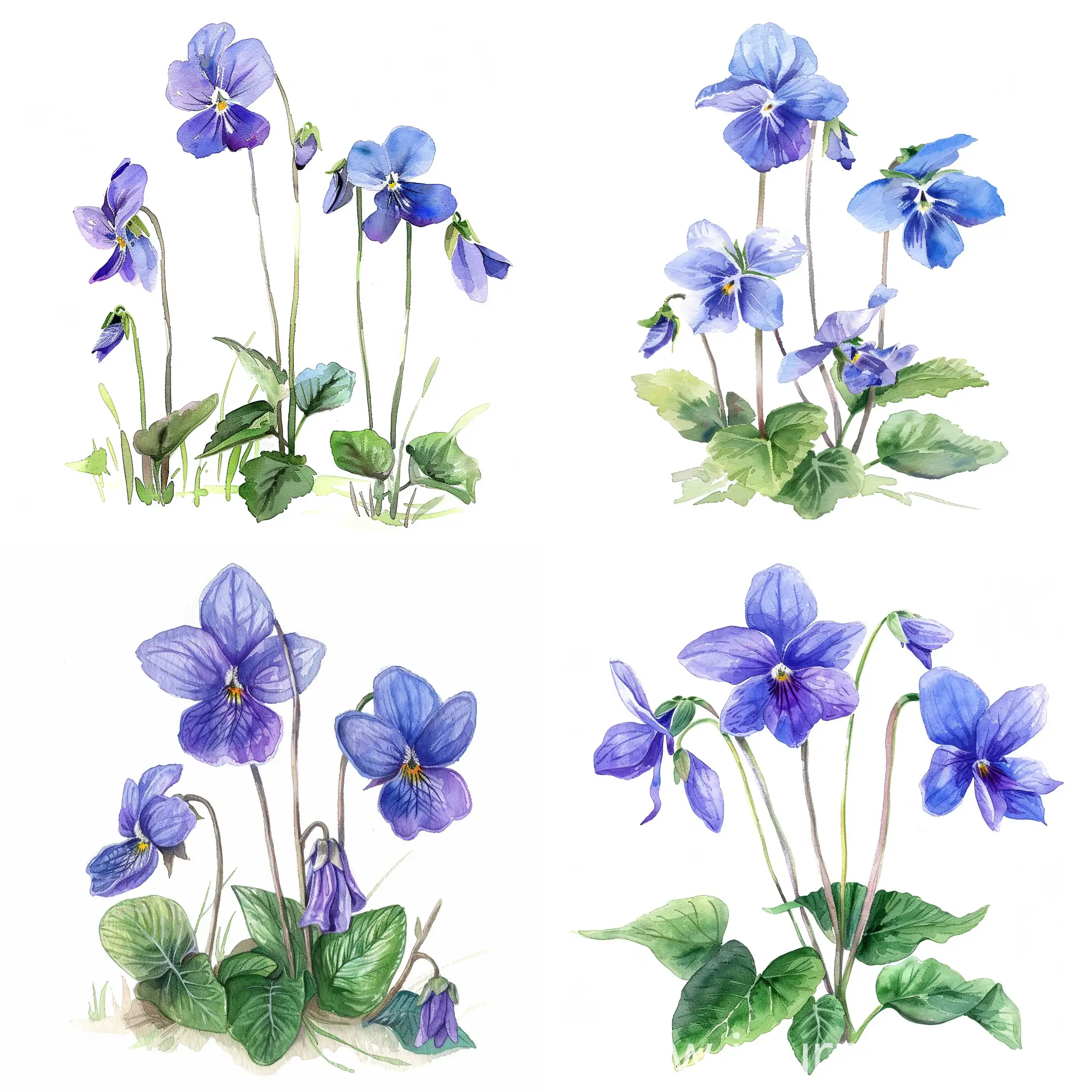 watercolor standing wildflower, violets, on white background, soft handpainted, detailed