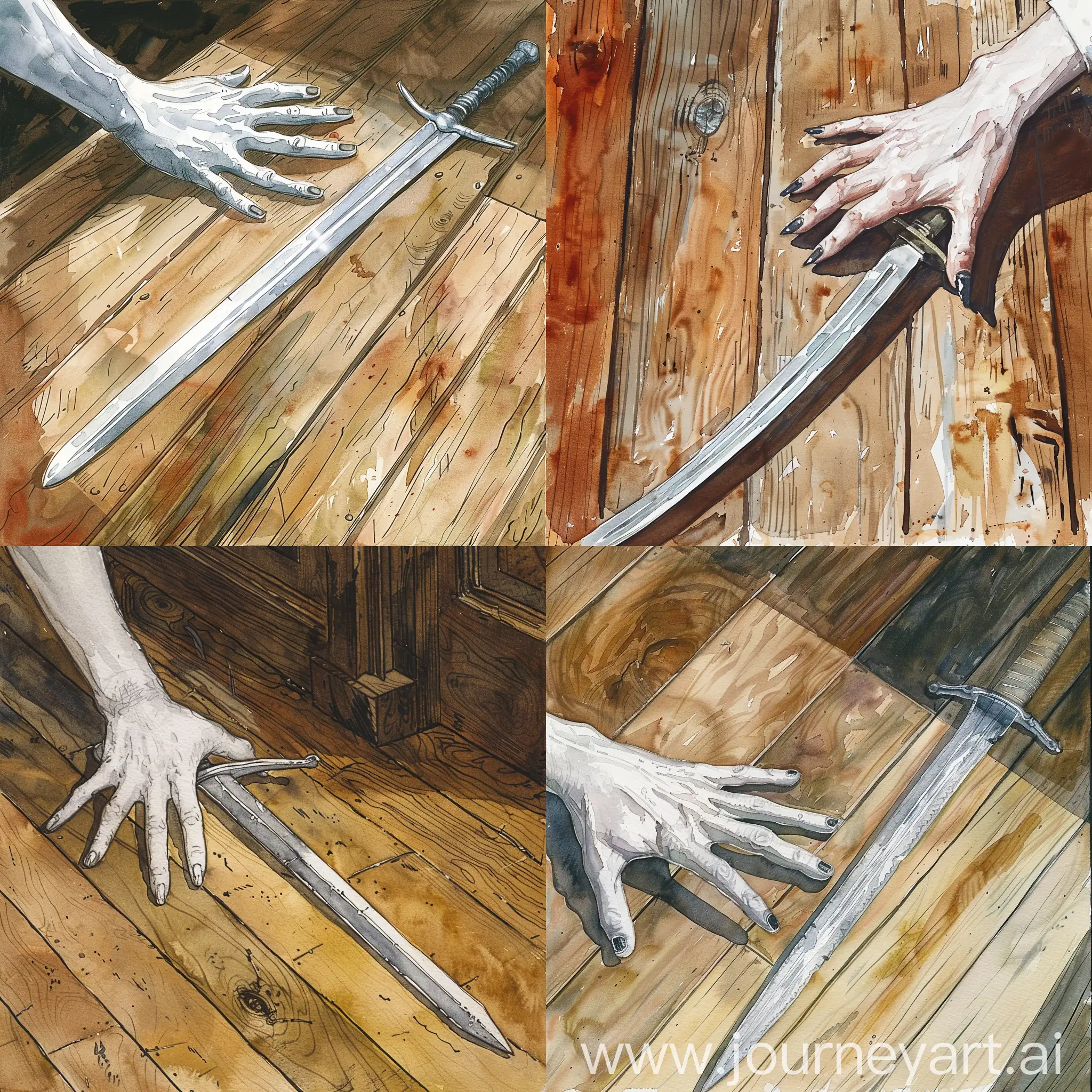 silver sword lying on a wooden floor near a pale white hand with short black fingernails, watercolor