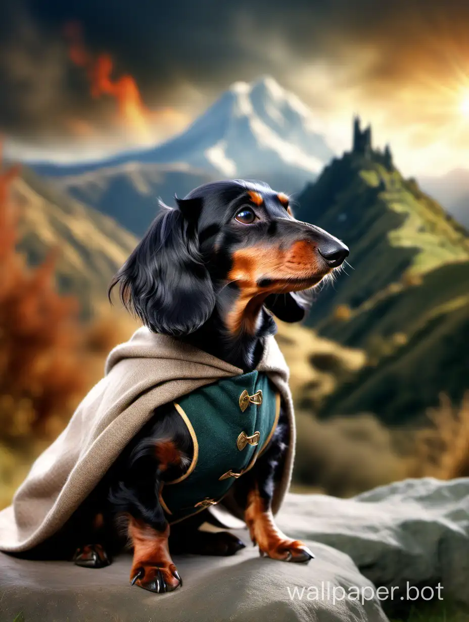 template, dog, very fluffy black dachshund, professional portrait, dog dressed as a hobbit, Bilbo Baggins, The Lord of the Rings, blurred Sauron mountain background