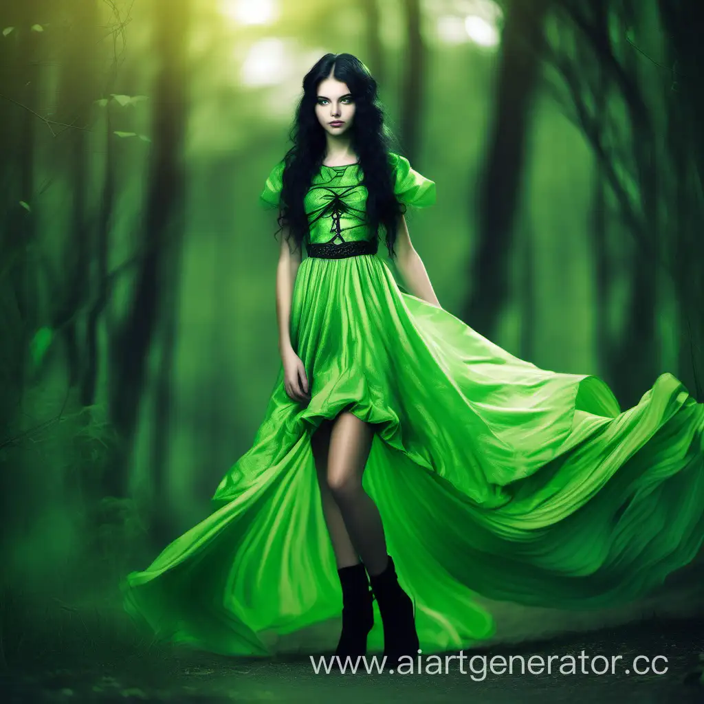Fantasy slender girl in full height, 18 years old, with wavy black hair, green eyes, dressed in a green fantasy-style dress.