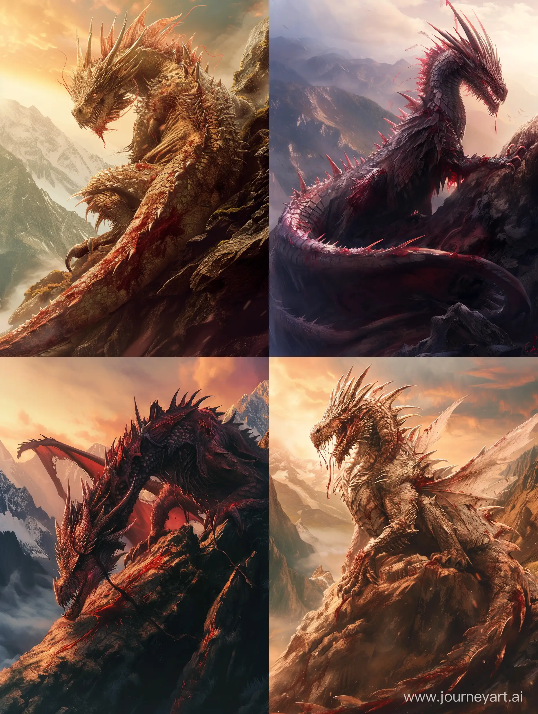 A huge maned dragon with scales and blades on its back on mountain,blood,intricate,incredible detail,warm light,terrifying.