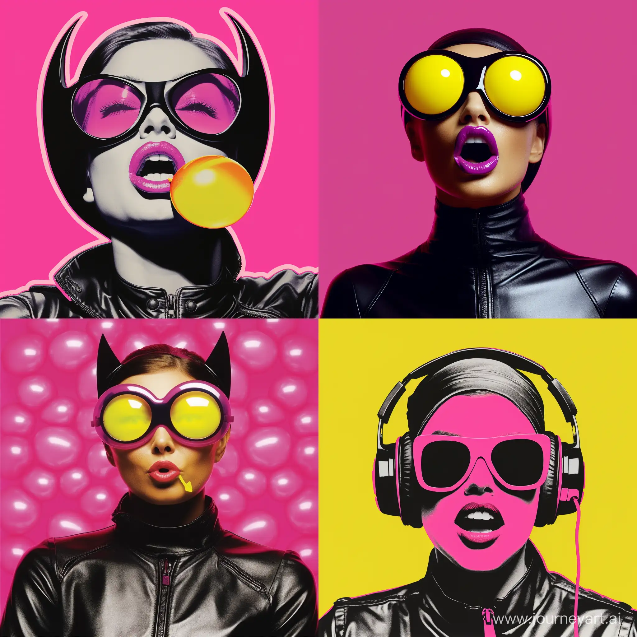 in the style of Anthony Burrill, portrait of a Catwoman blowing bubble gum, wearing neon goggles