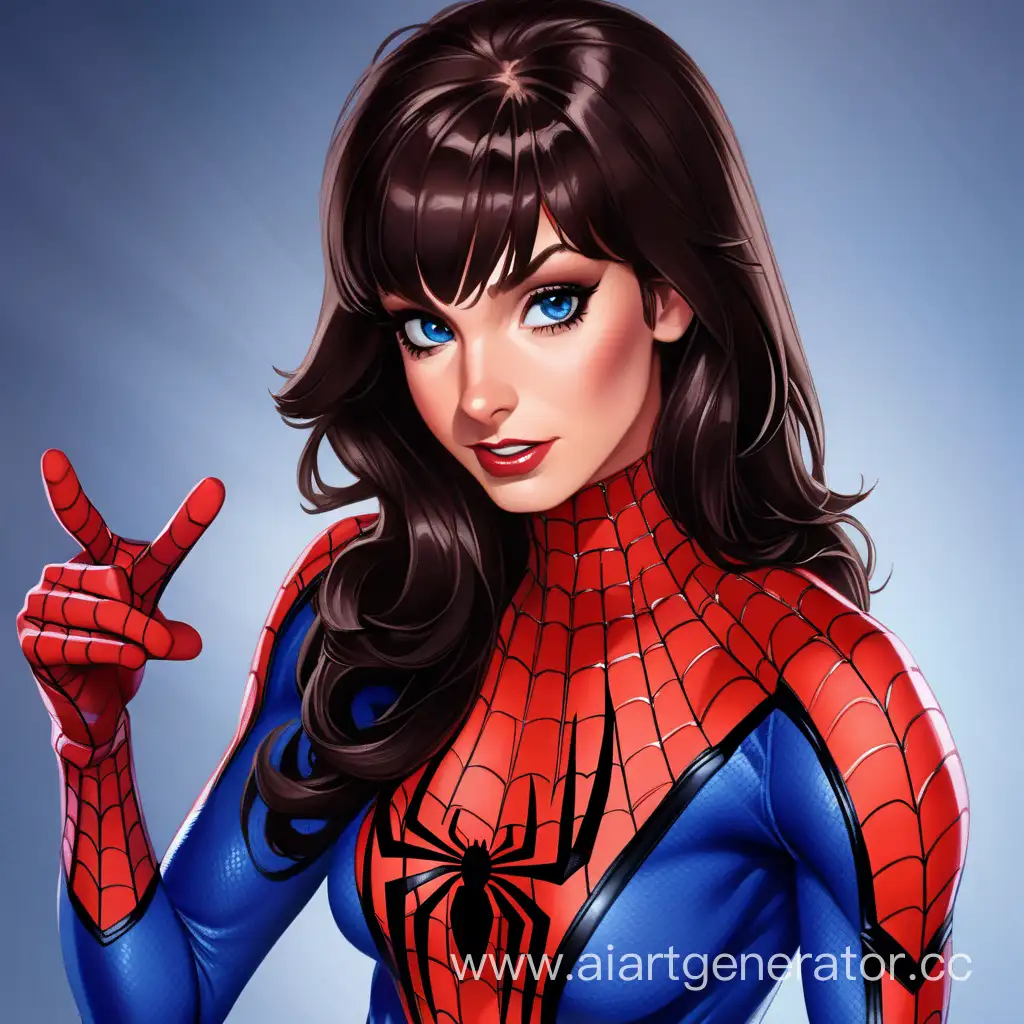 девушка взрослая в костюме человека паука с темными волосами и голубыми глазами