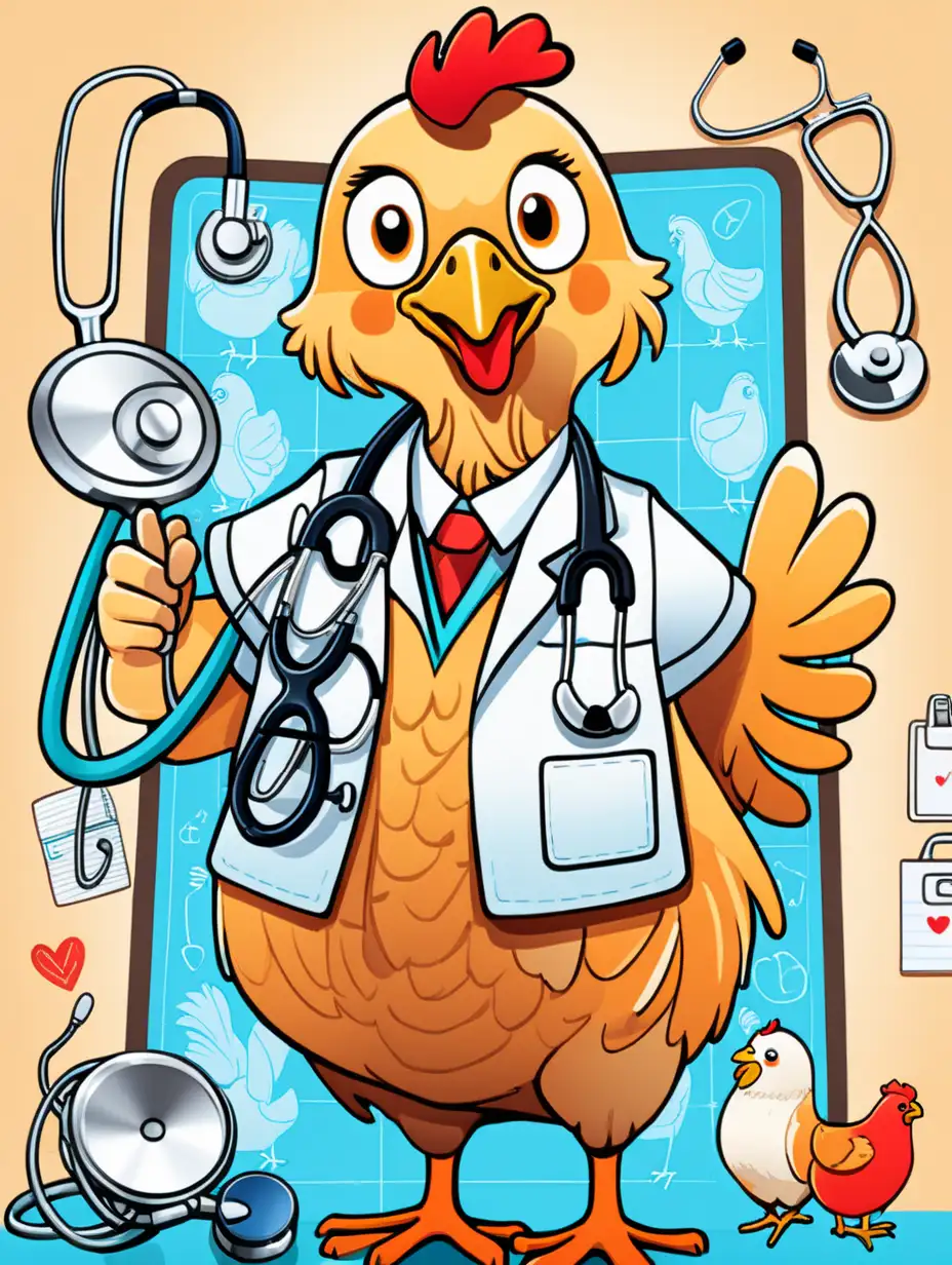 kids illustration, chickens as doctor with stethoscope, thick lines, low detail, vivid color
