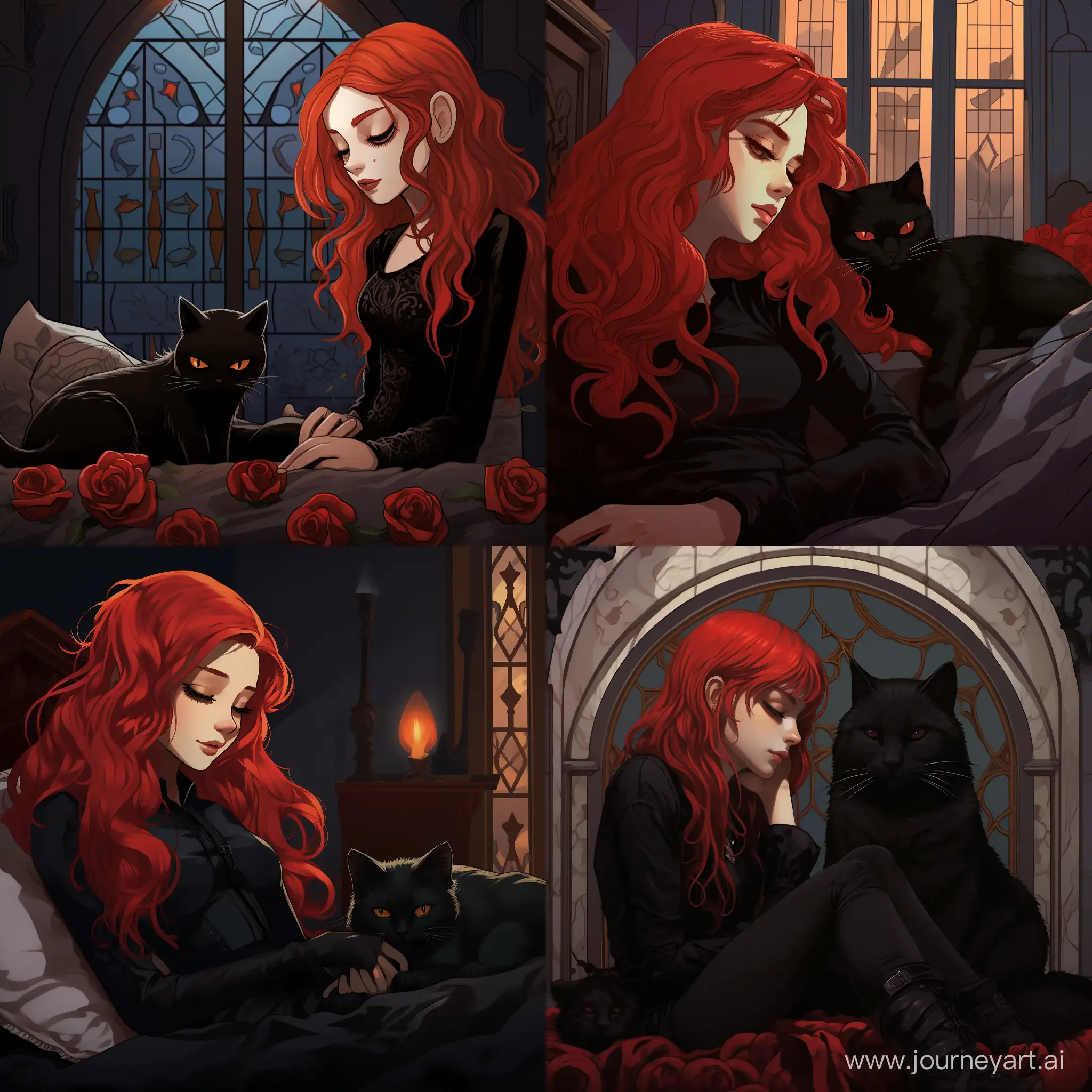 A girl with red hair in a black Gothic dress sleeps on a bed next to a Gothic-style cat