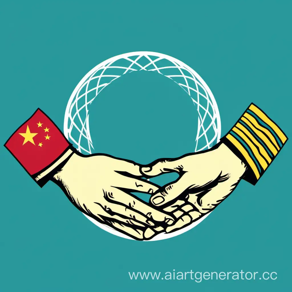 логотип на котором нарисованы тянущиеся руки с рисунком казахстана и китая