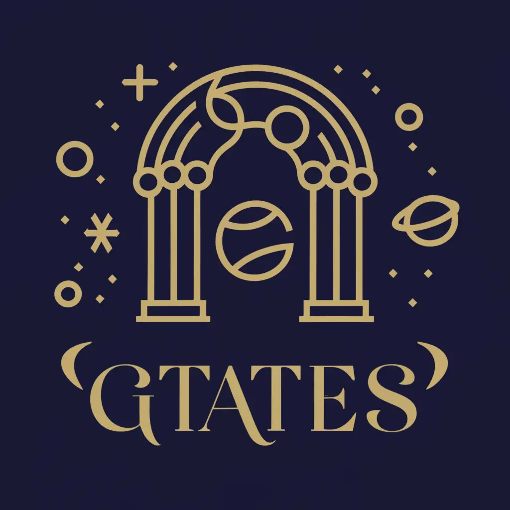 a logo design,with the text "gates", main symbol:Mythology security ornament front facade arches entrance gate (driveway) retro with climbing planets,complex,be used in Technology industry,clear background