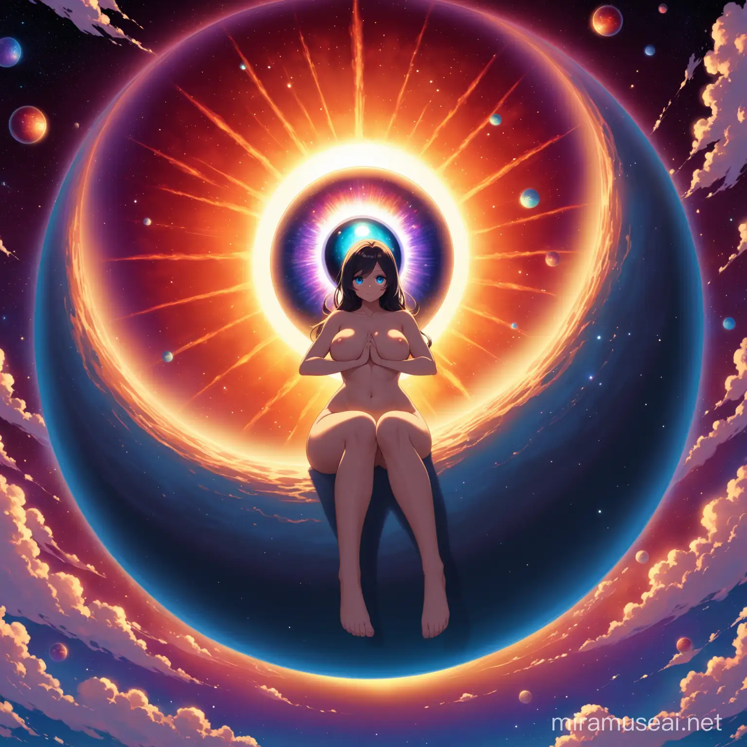 A naked big breasted woman sitting with her legs crossed ontop of a giant floating eyeball, sunset background, in space 