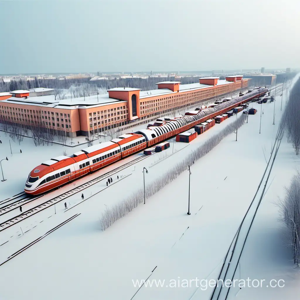 Сибирский государственный университет путей сообщения в далеком будущем с железной дорогой и студентами идущими в него