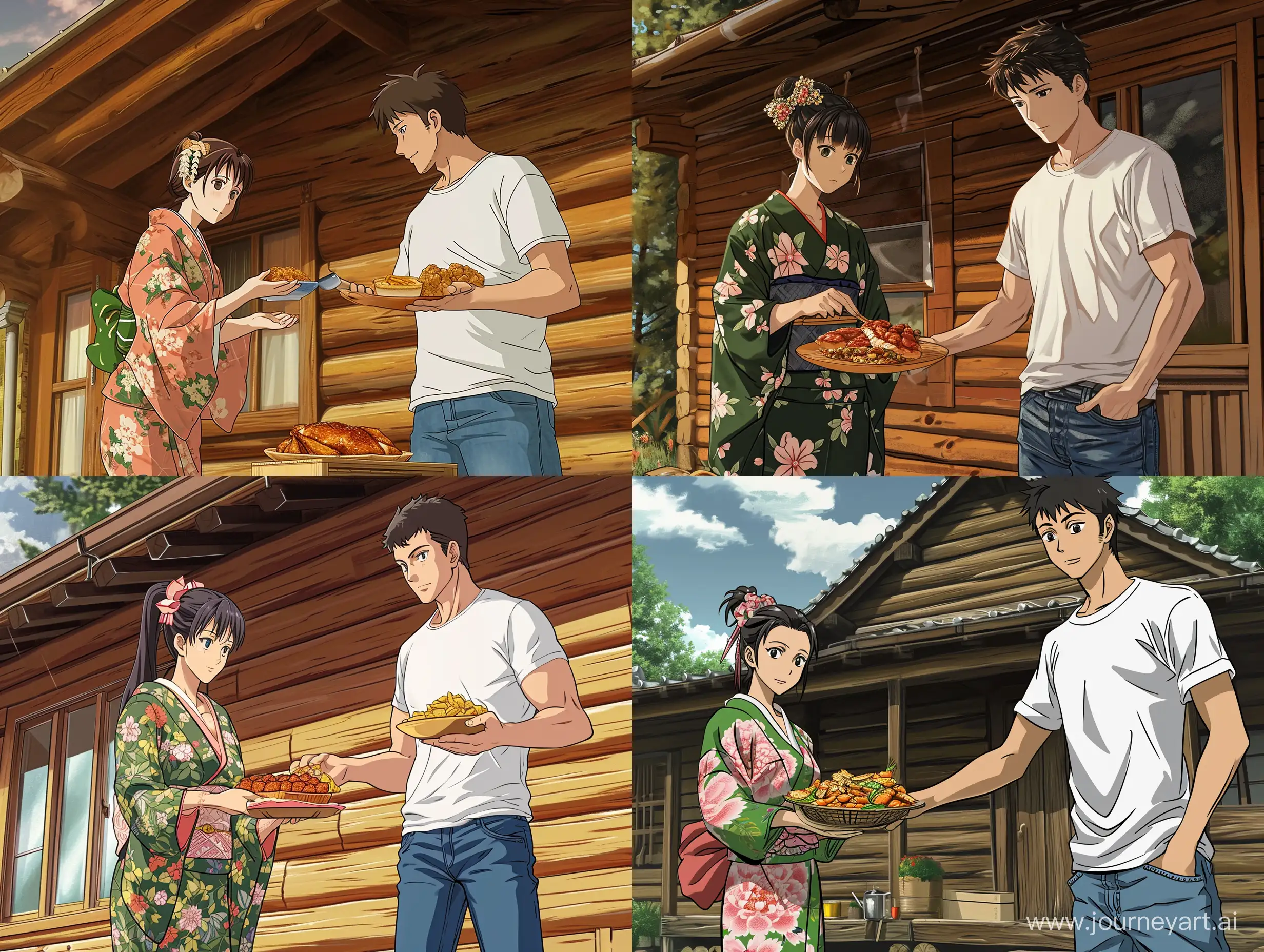an anime scene, best quality, a woman in kimono bring food to serve a man in white T-shirt and jeans, wooden cabin, humble food, ultra detailed --q 2 --ar 4:3 --v 6