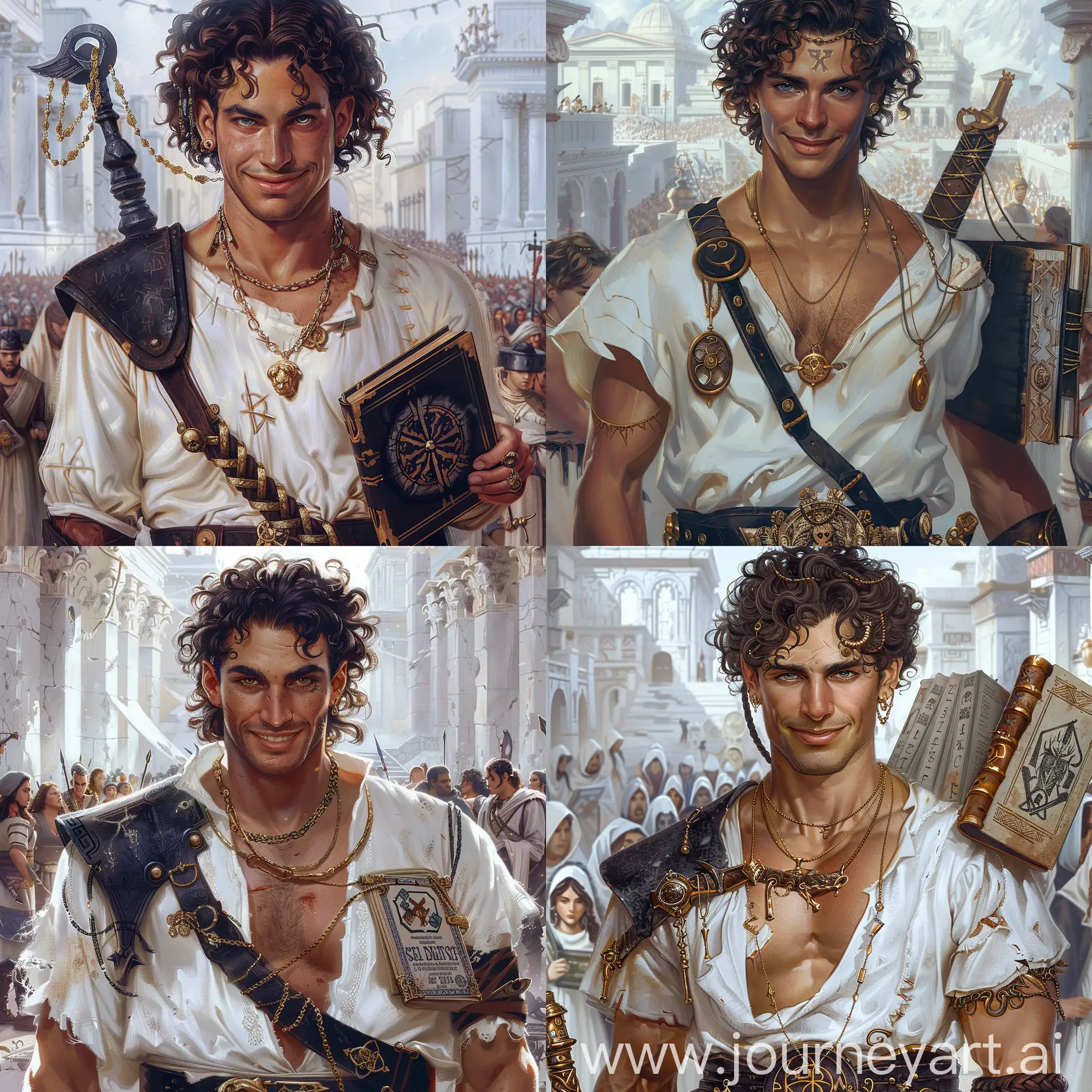 a tanned man with dark brown curly hair, hair braided at the temples, gold jewelry in braids, a soft but courageous face, a kind smile, a beautiful slit of piercing silver eyes, a tall, broad-shouldered guy, a Greek expressive nose and an expressive jaw, wears a book on his belt on the right with strange symbols of dark magic, the book is entangled in chains, on the belt on the left is a black curved sword carrying dark power, wears a beautiful white shirt in medieval style, wears leather armor on the top of the shirt on his chest, and many gold rings on his hands, there are a lot of gold rings in the ears, cinematic perspective, cinematic lighting, the background is a crowded medieval city made of white marble, a bold and proud look,