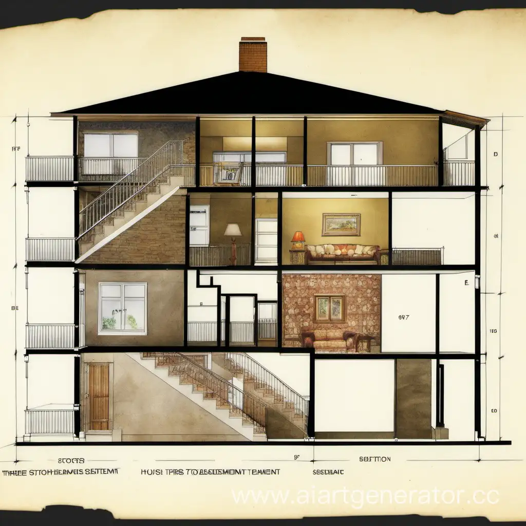 cross section of the three story house with a basement