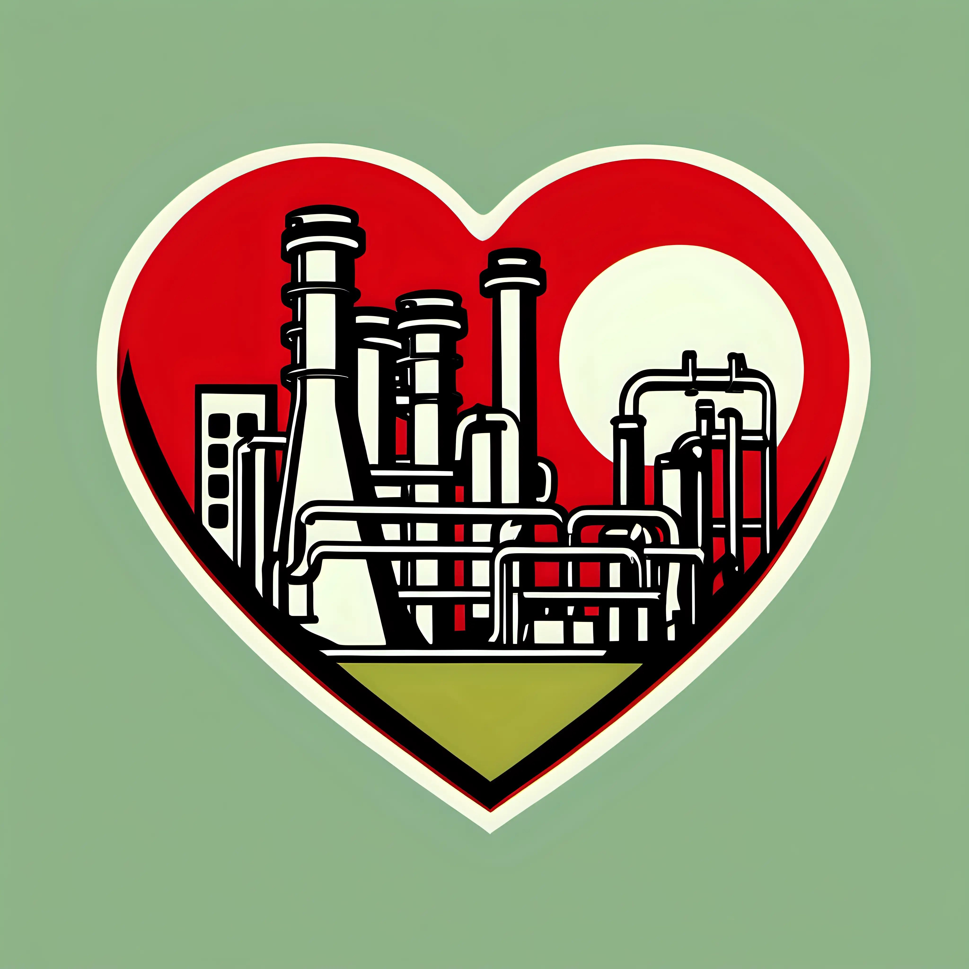 clip art red heart , 
chemical plant in background,  simple, 1970's style












