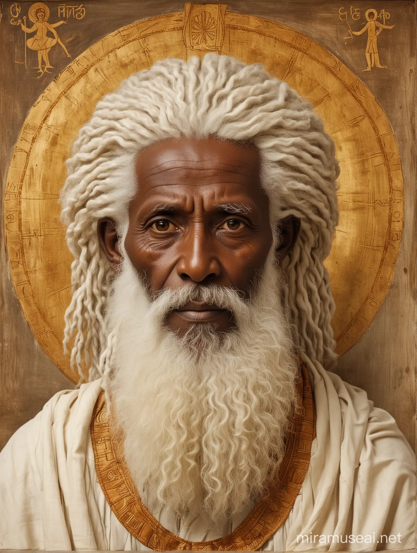 An old wise deity, hair is white as wool, ethiopia, ethiopian, icon, orthodox icon, gods, divinities, in a celestial abode, in paradise, the trinity, ancient one, great one