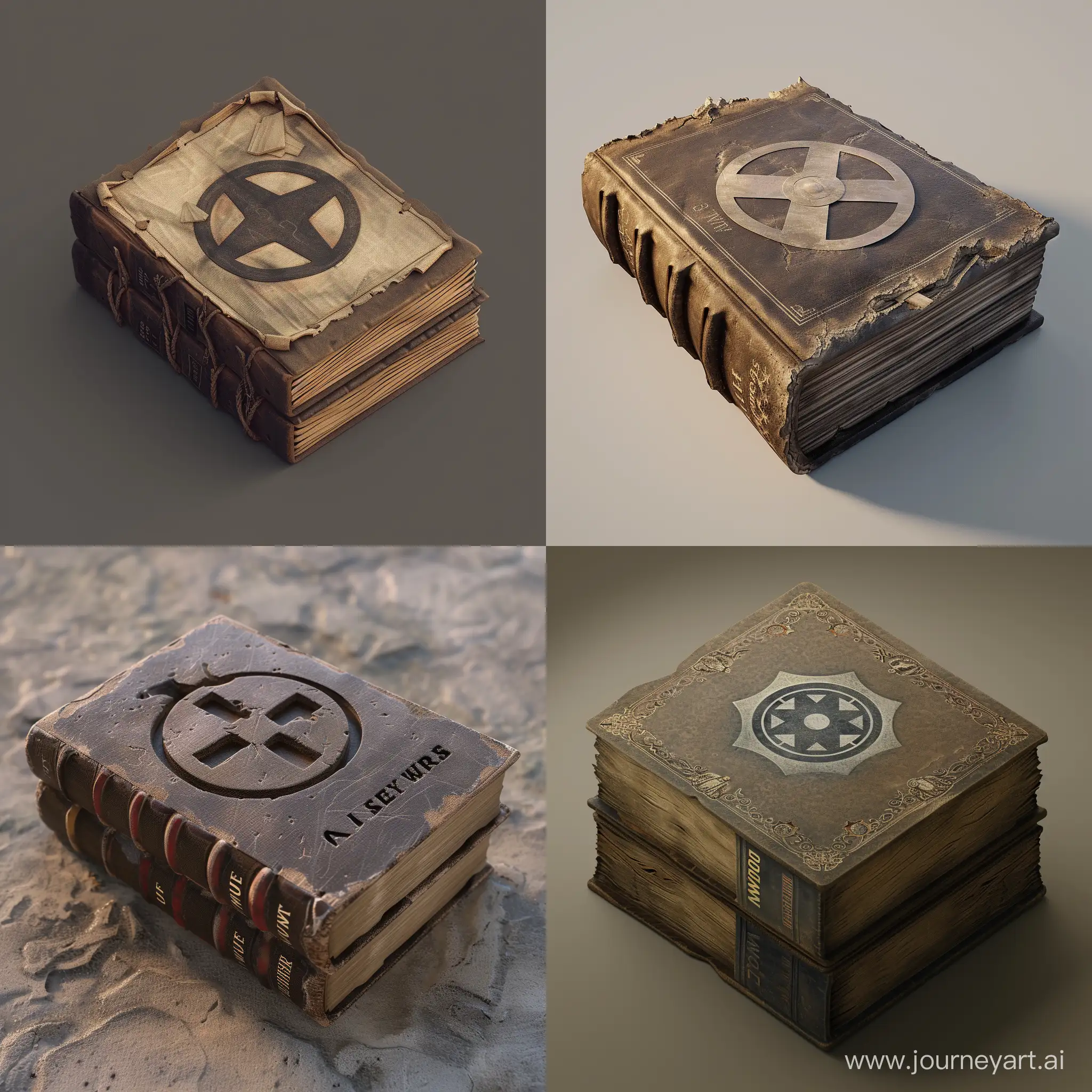 isometric old book with ww2 symbol on center set, 3d render, stalker style