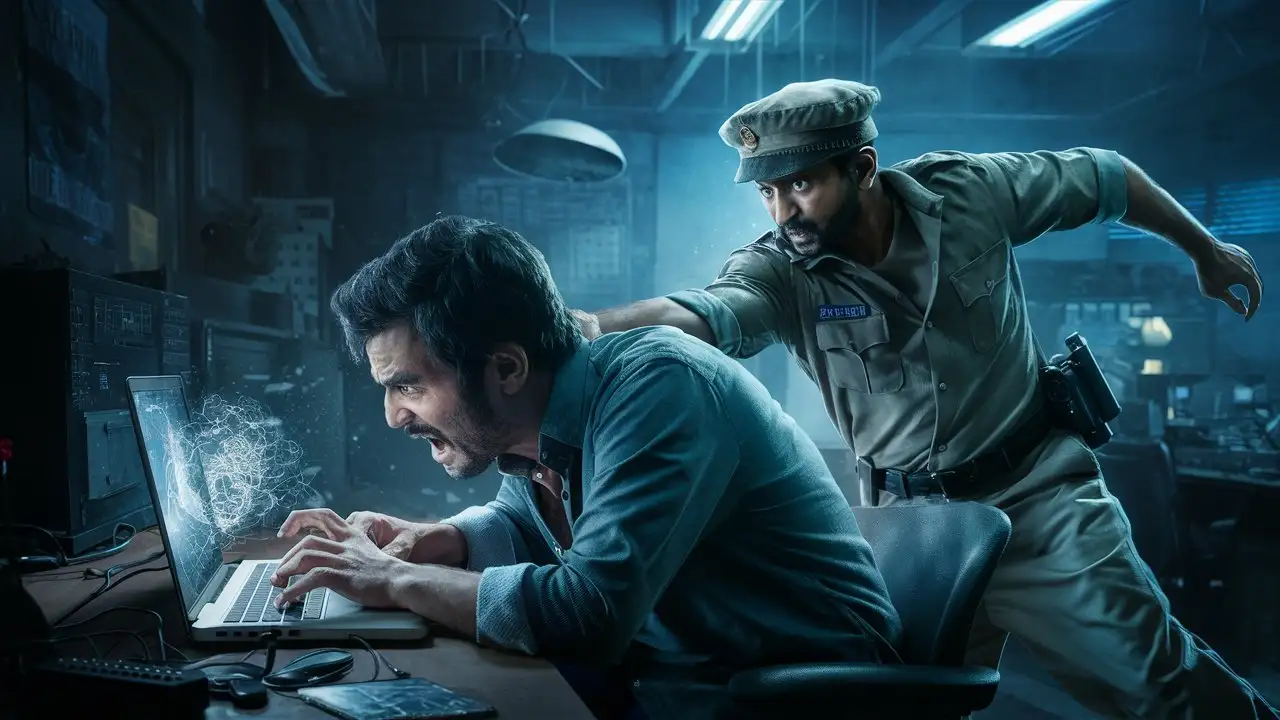 man who doing cyber frauds working on laptop, a indian police man wearing khakee dress catch her shirt collar, dark room with technology equipments