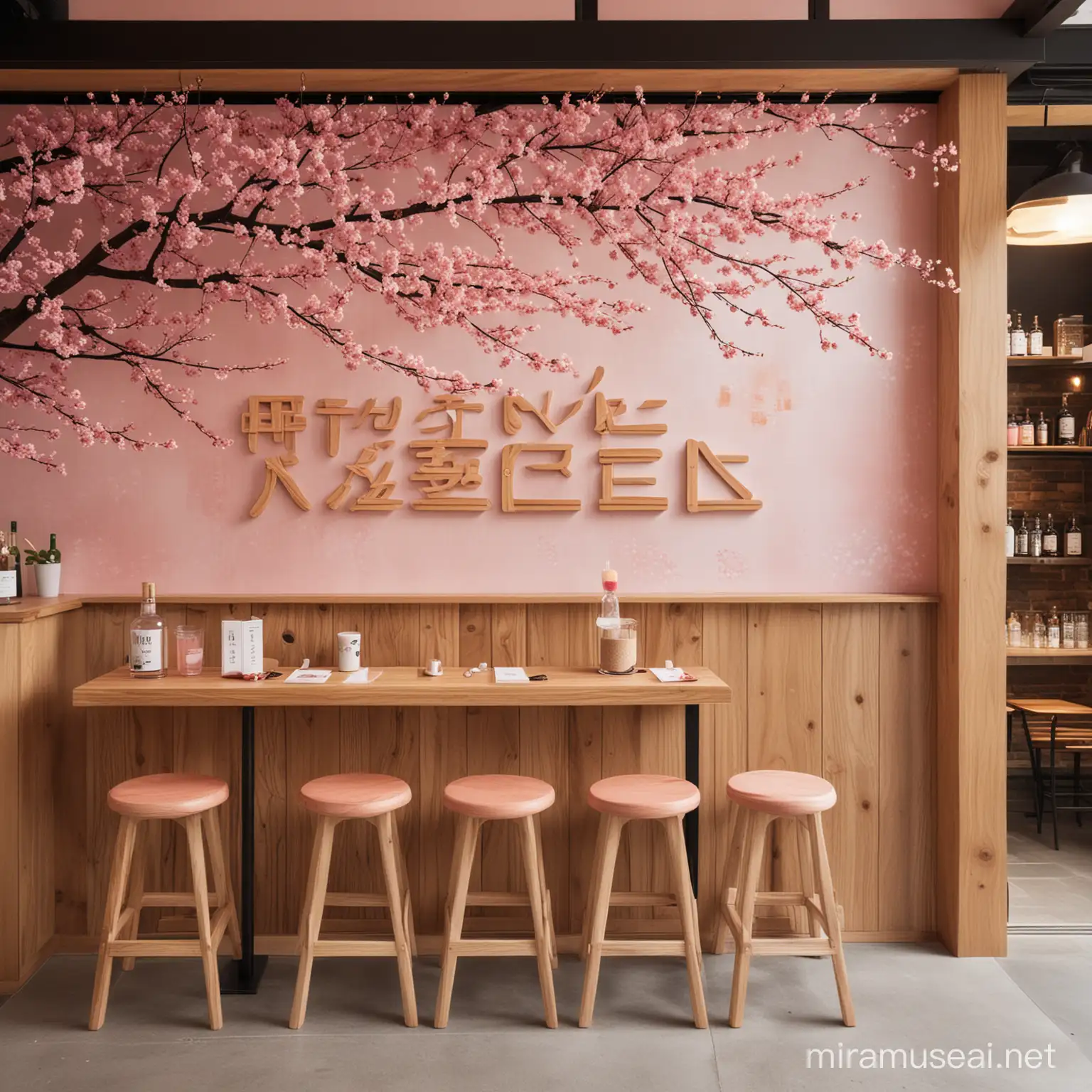 Ramen meets Gin artwork with japanese design style. Pink cherry blossom and a small ramen bar with minimal wooden high seating. Japanese letters on the wall and pink cherry blossoms