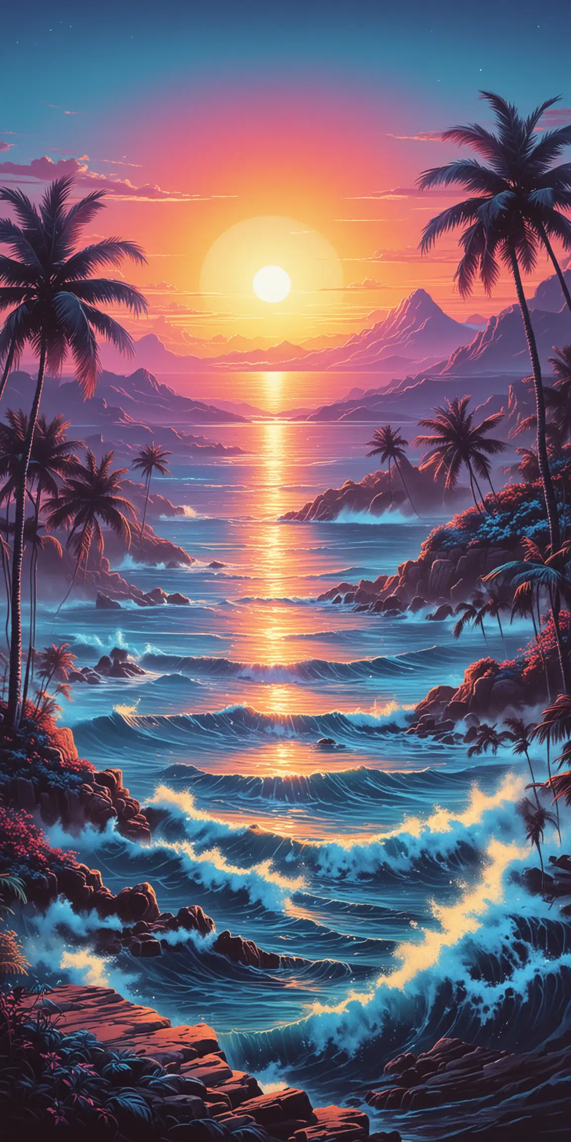 Nostalgic 80s Artwork Dreamy Blue Sunset Scene