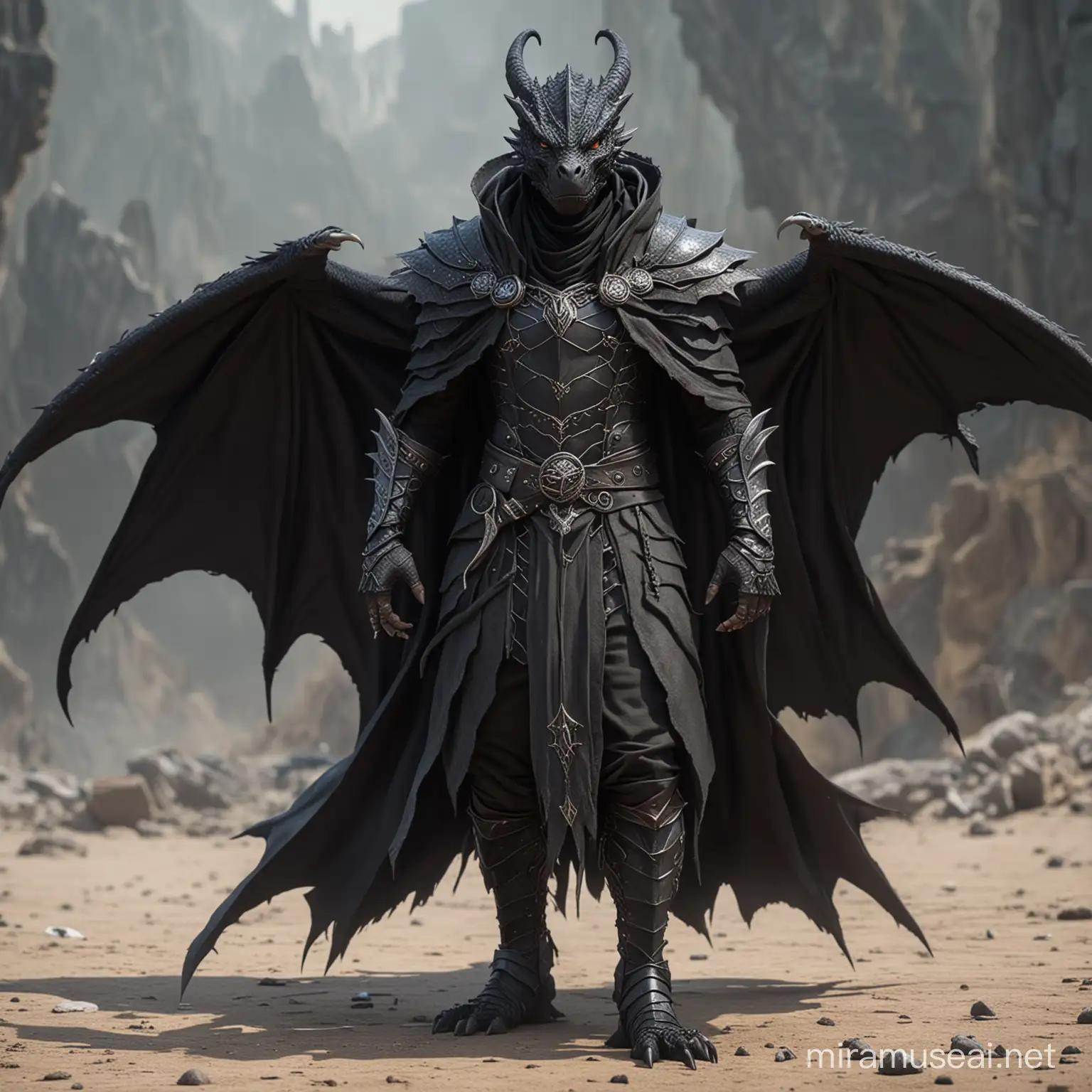 Dragon-born sorcerer with black scales doesn't have wings
humanoid appearance 
in a cloak 
