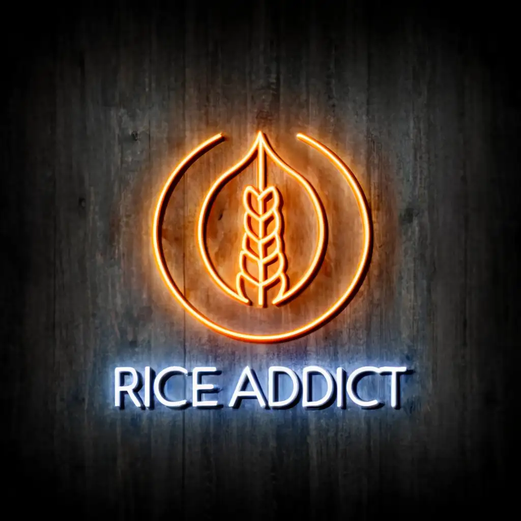 a logo design,with the text "Rice addict", main symbol:neon Circle with rice,Moderate,be used in Restaurant industry,clear background