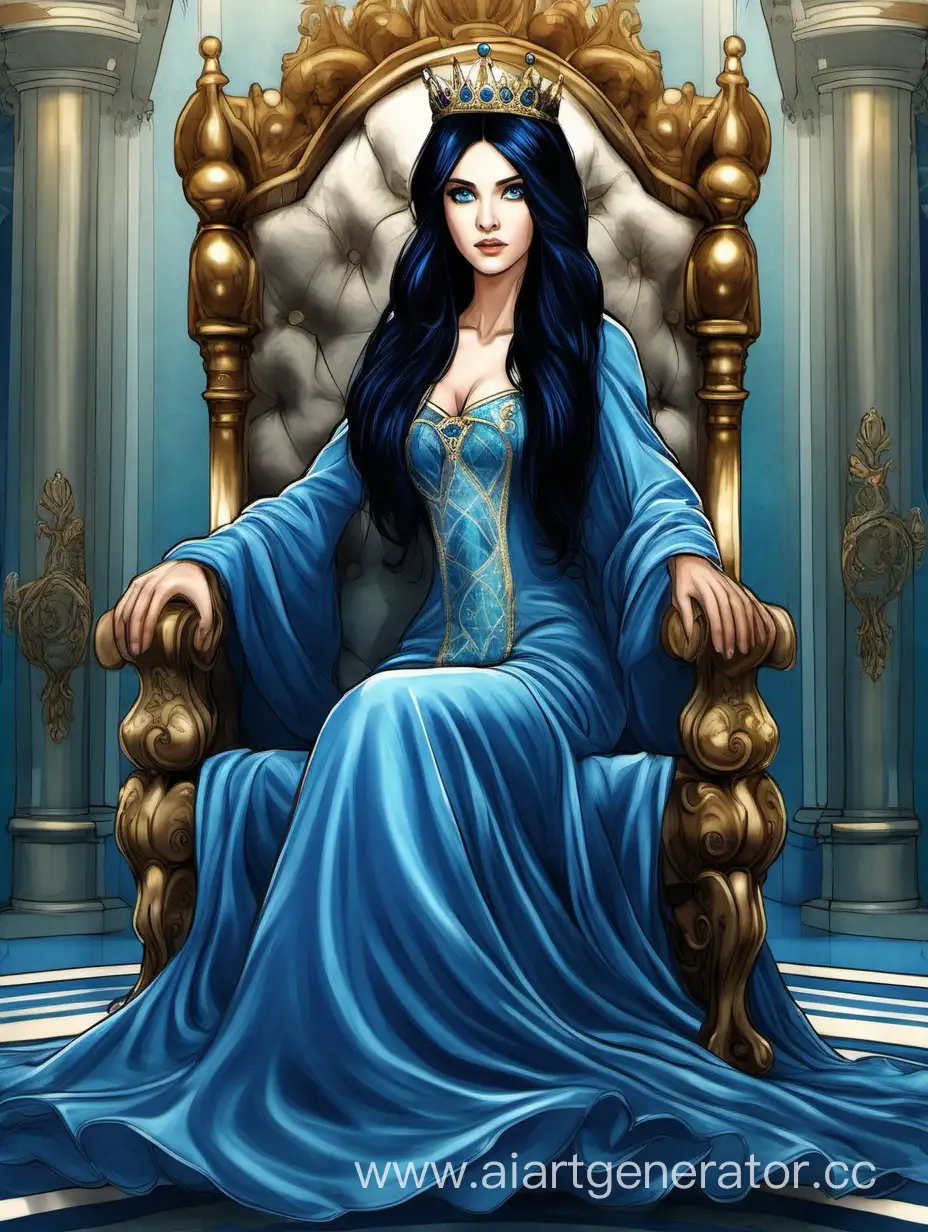 Принцесса с черными волосами и синими глазами. В синем платье в пол на троне