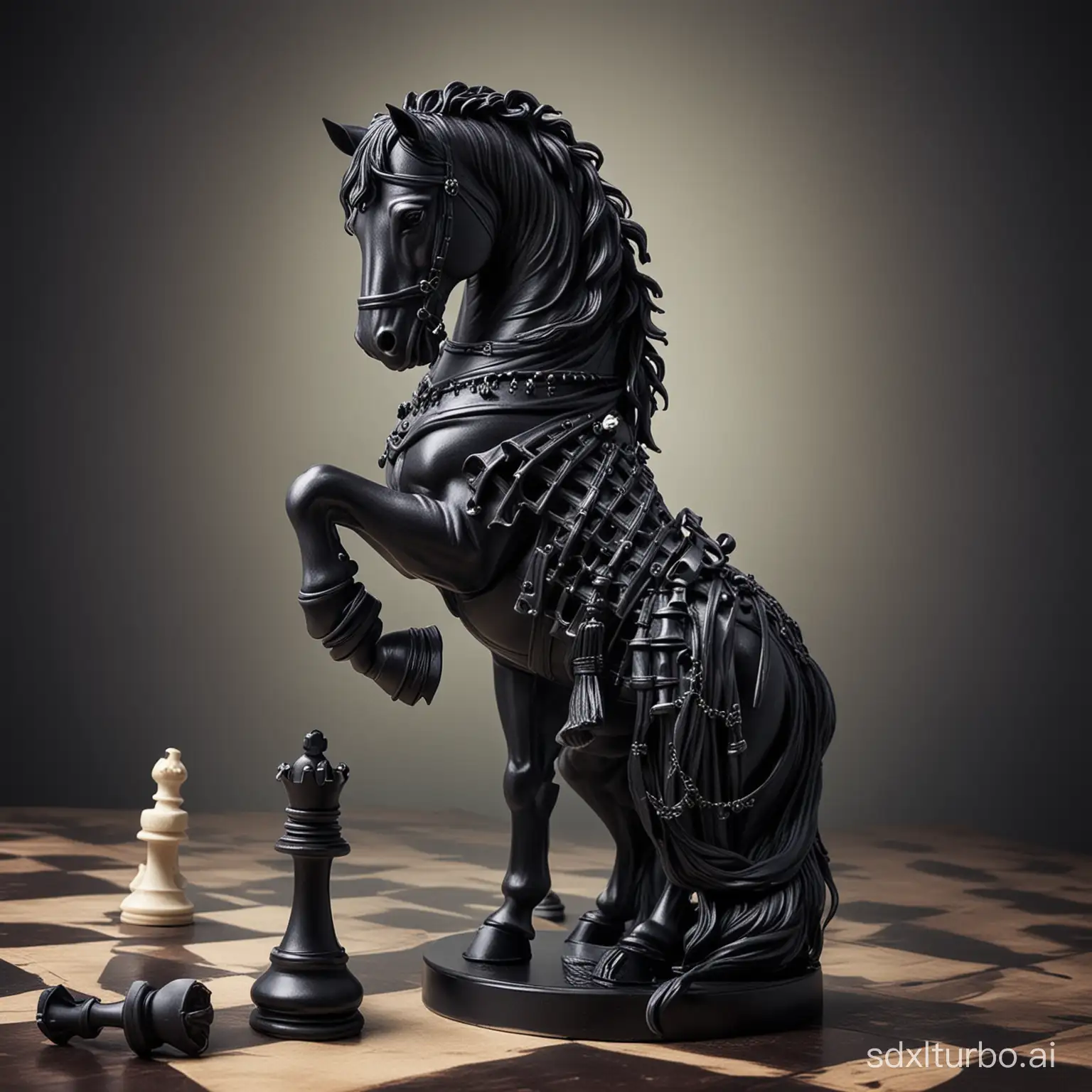 A horse chess piece wearing dark gothic emo edgy clothing