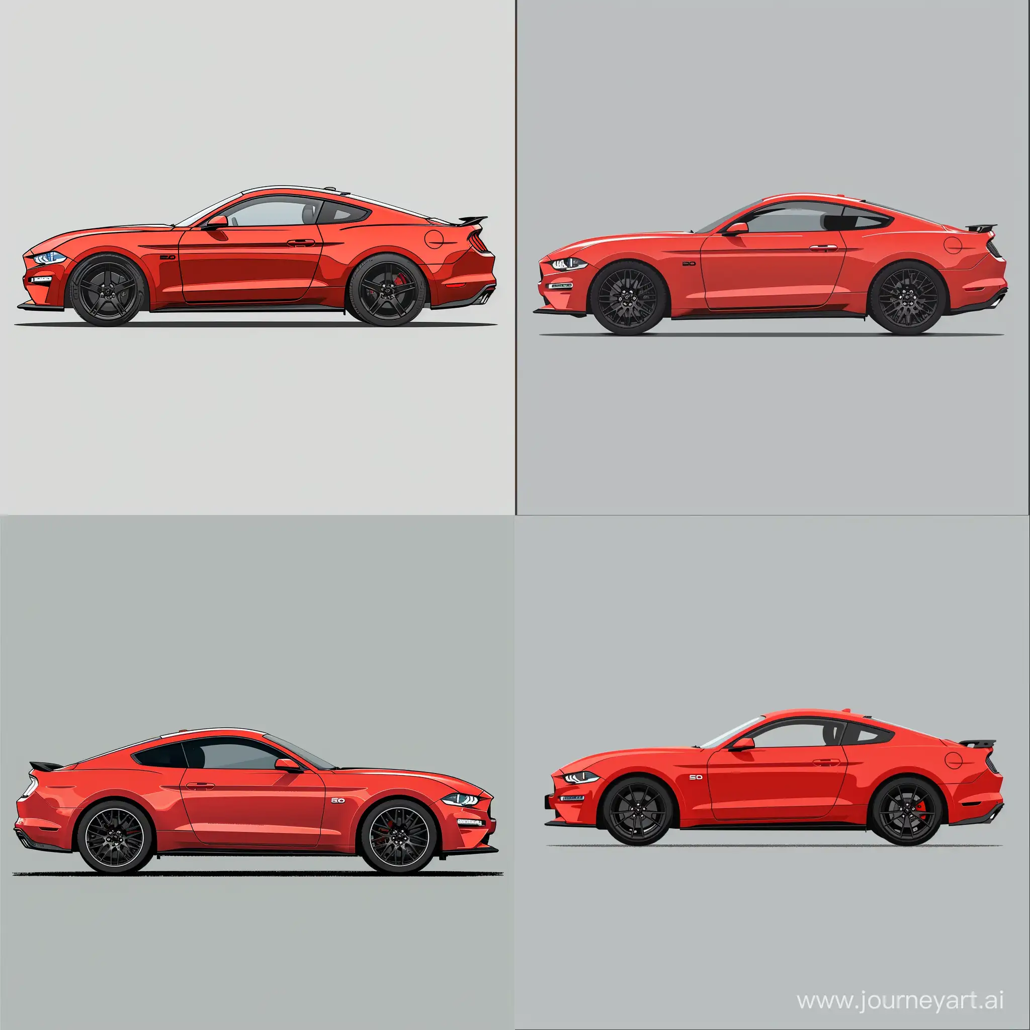 Minimalism 2D Illustration Car of Side View, Ford Mustang 2023: Red Color, Simple Gray Background, Adobe Illustrator Software, High Precision