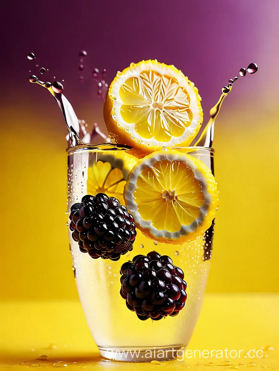 Boysenberry with lemon slices water drop on yellow background
