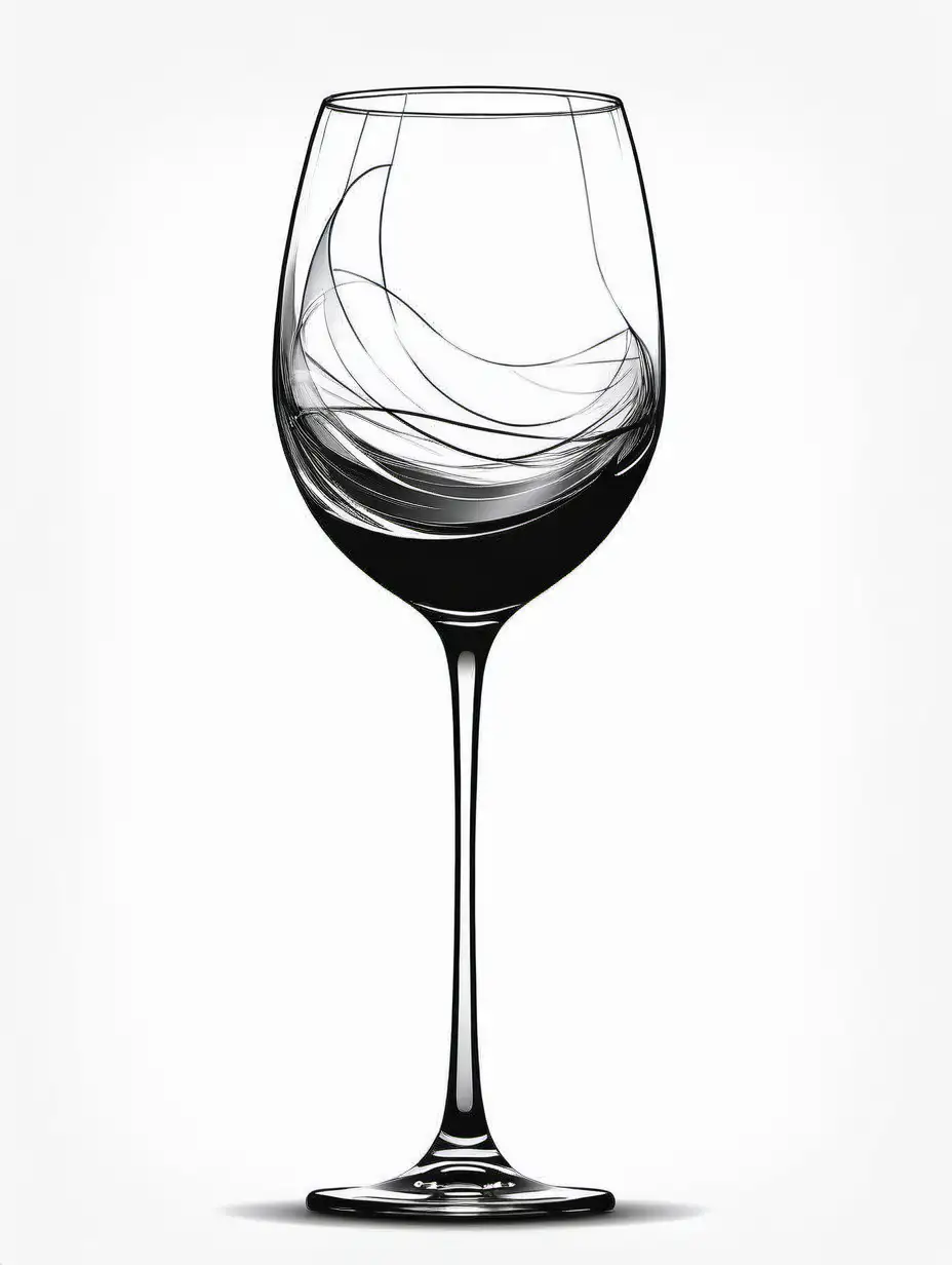 wine glass with wine in it, illustrated, black and white with white background