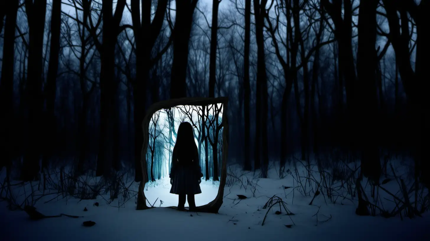 Enigmatic Girl with Magic Lantern in Mysterious Winter Woods
