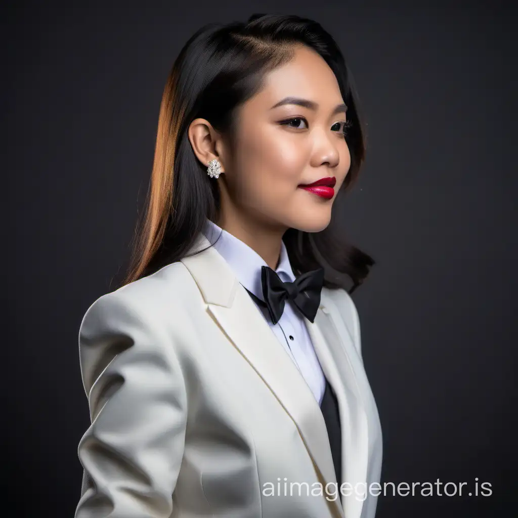 profile of a pleasant Filipino woman with shoulder length hair and lipstick wearing an ivory tuxedo with a white shirt with cufflinks, black bow tie, black pants