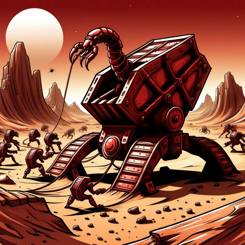 Scorpion Siege, a catapult in a red planet scenario (Cartoon)