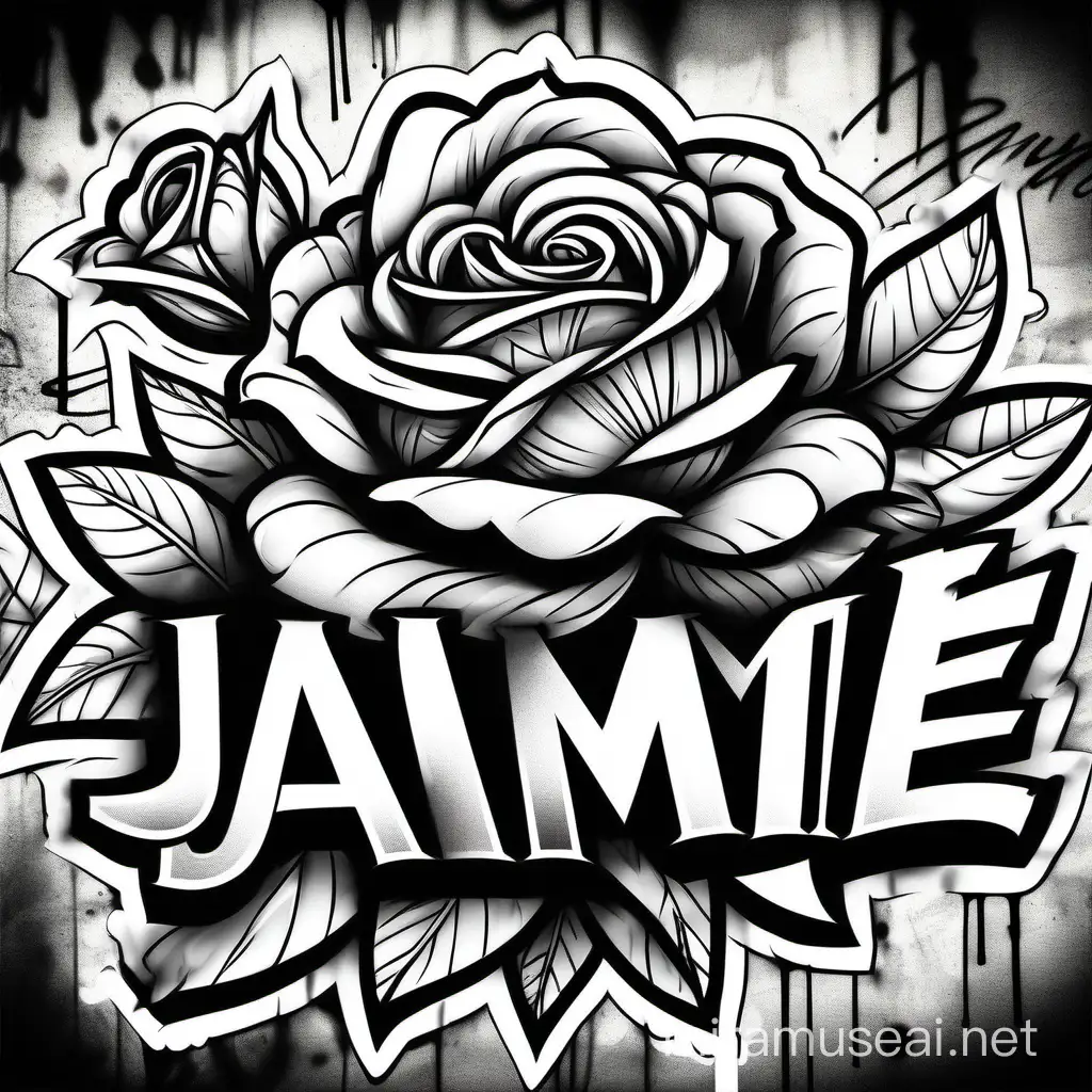 Create a graffiti colouring page, all white, black outline, no colour, graffiti art, with a bloomed rose behind the name Jaimie written once, no shading, low detail, white background, colouring page graffiti art style
