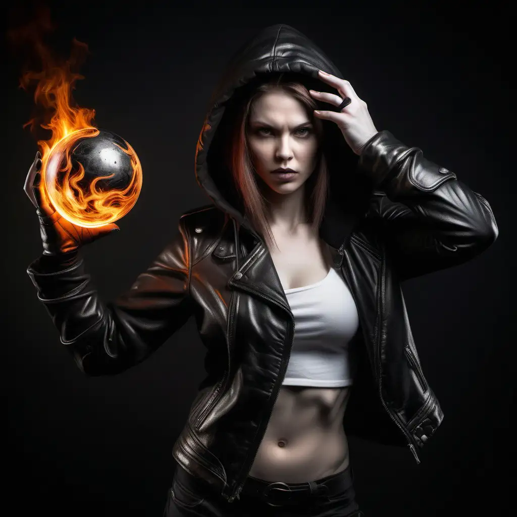 Warrior woman, european, porcelain white skin, wearing leather jacket with hoodie, dramatic raising arm, energy sphere from fire